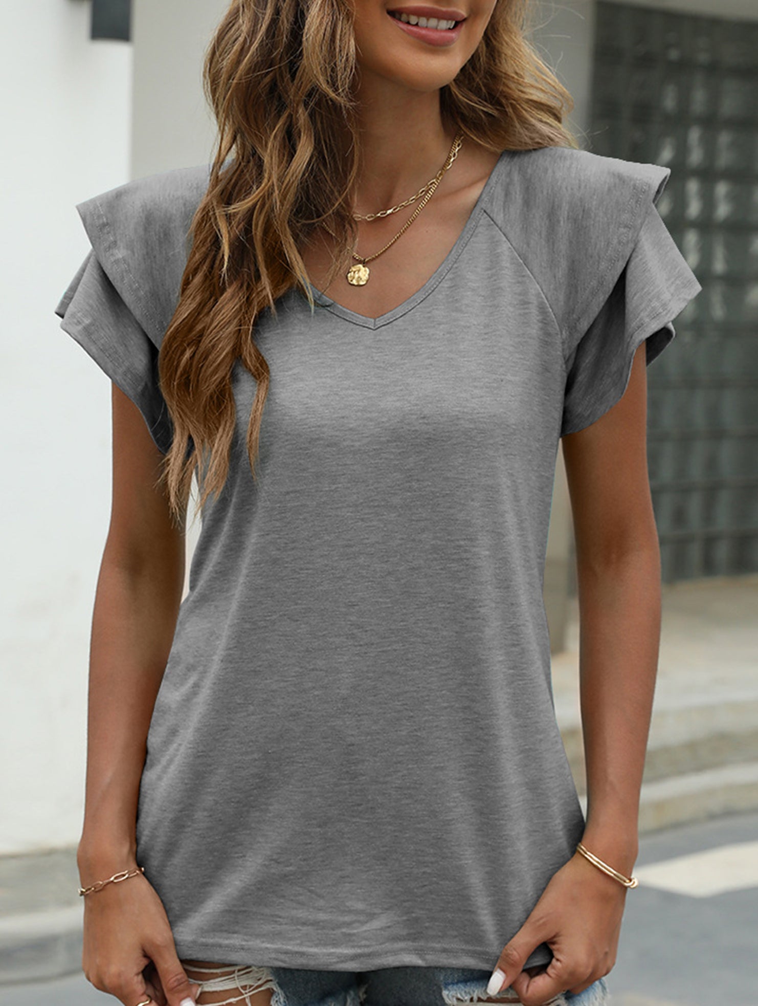 solid color V-neck double layer ruffle sleeve loose top T-shirt