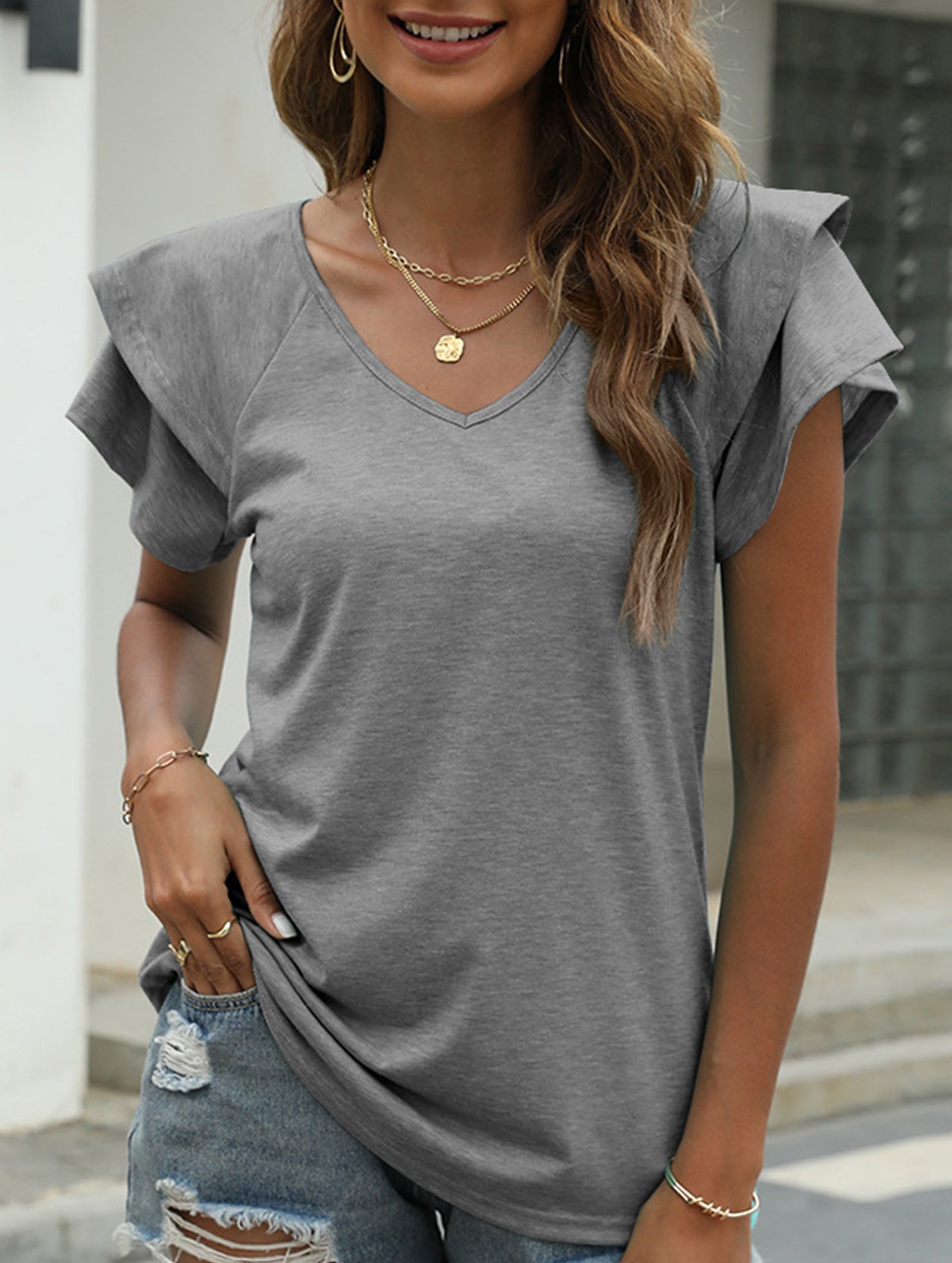 solid color V-neck double layer ruffle sleeve loose top T-shirt