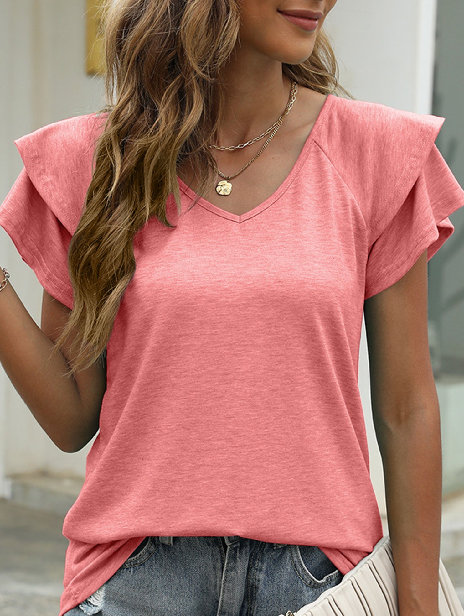 solid color V-neck double layer ruffle sleeve loose top T-shirt