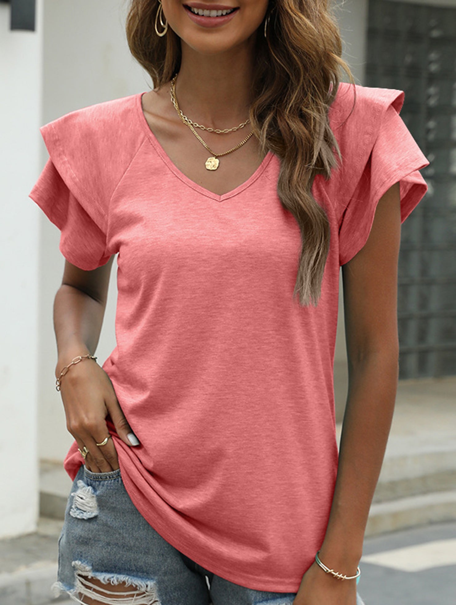 solid color V-neck double layer ruffle sleeve loose top T-shirt