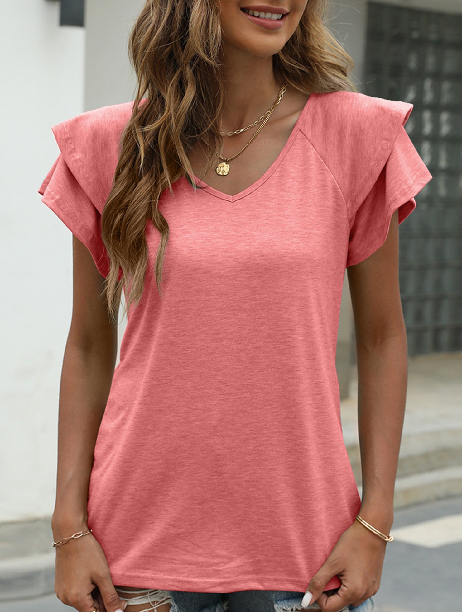 solid color V-neck double layer ruffle sleeve loose top T-shirt