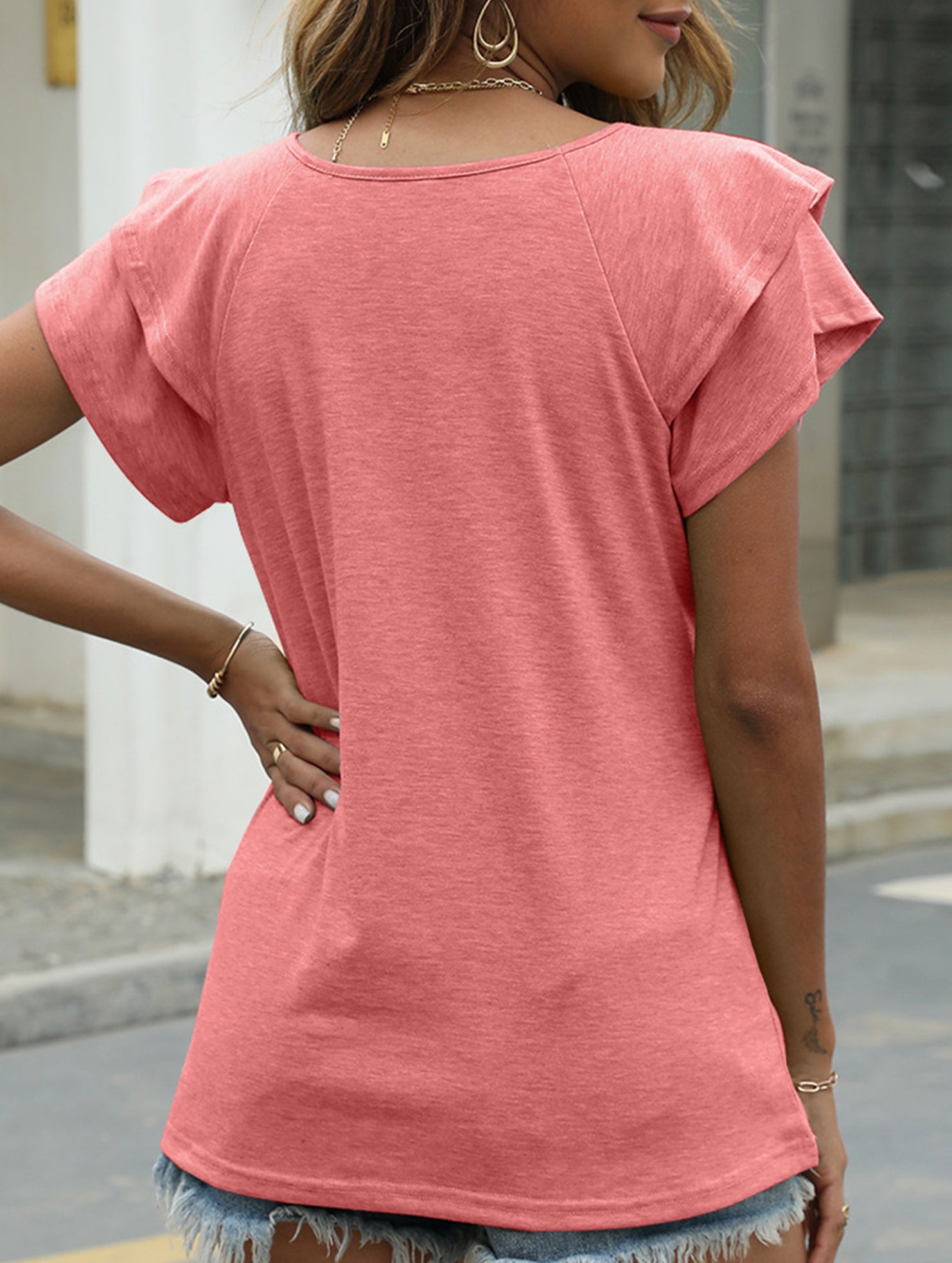 solid color V-neck double layer ruffle sleeve loose top T-shirt