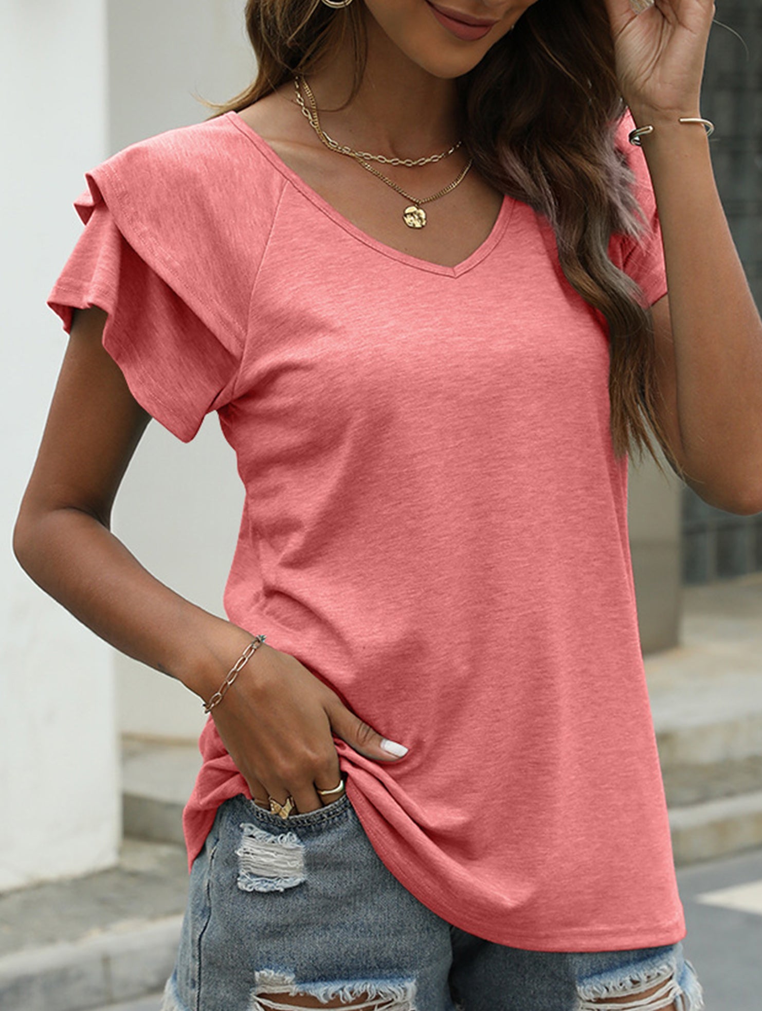 solid color V-neck double layer ruffle sleeve loose top T-shirt