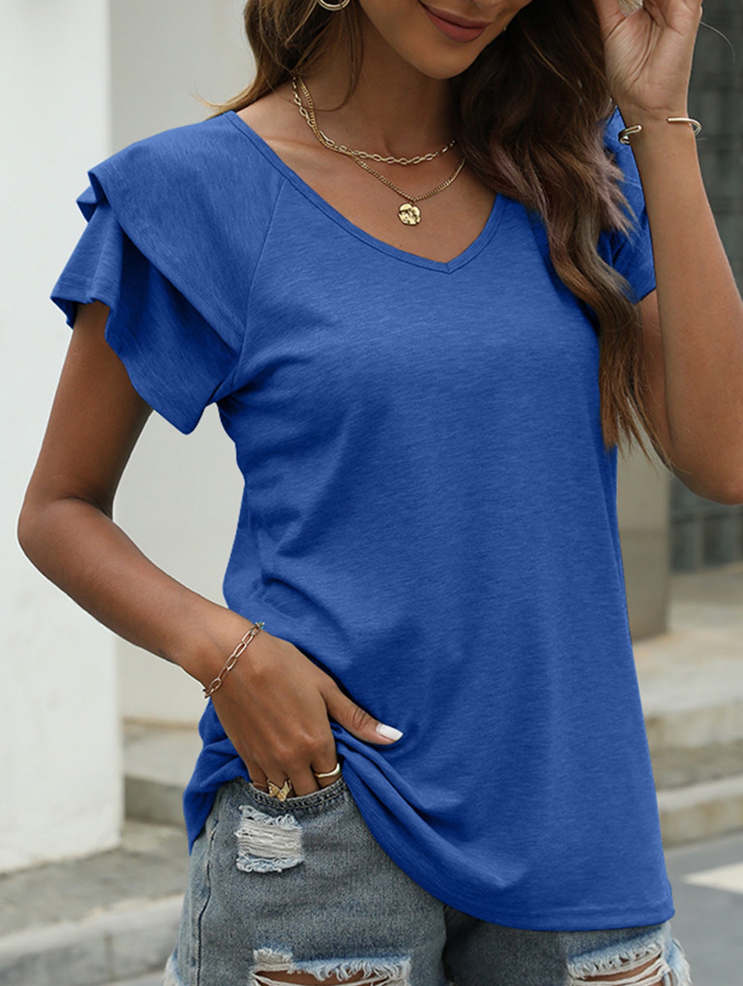 solid color V-neck double layer ruffle sleeve loose top T-shirt