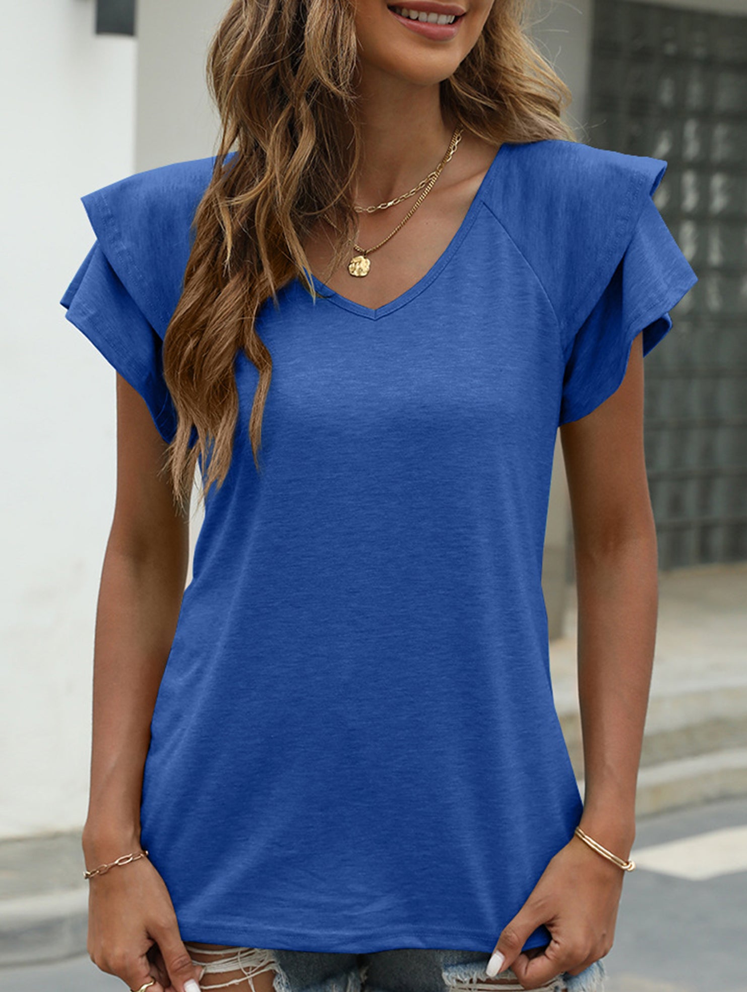 solid color V-neck double layer ruffle sleeve loose top T-shirt