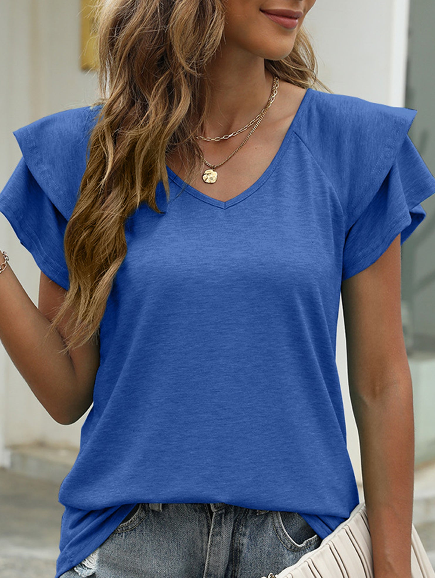 solid color V-neck double layer ruffle sleeve loose top T-shirt