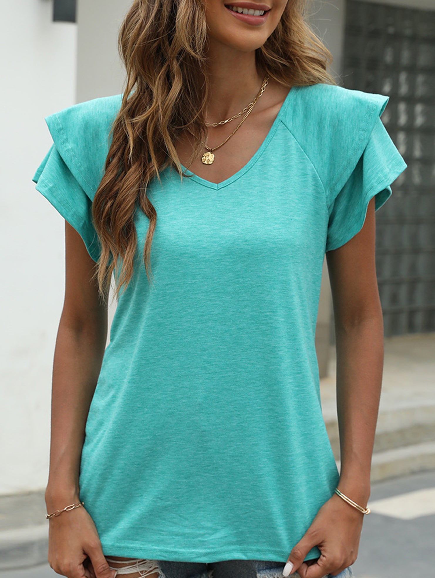 solid color V-neck double layer ruffle sleeve loose top T-shirt