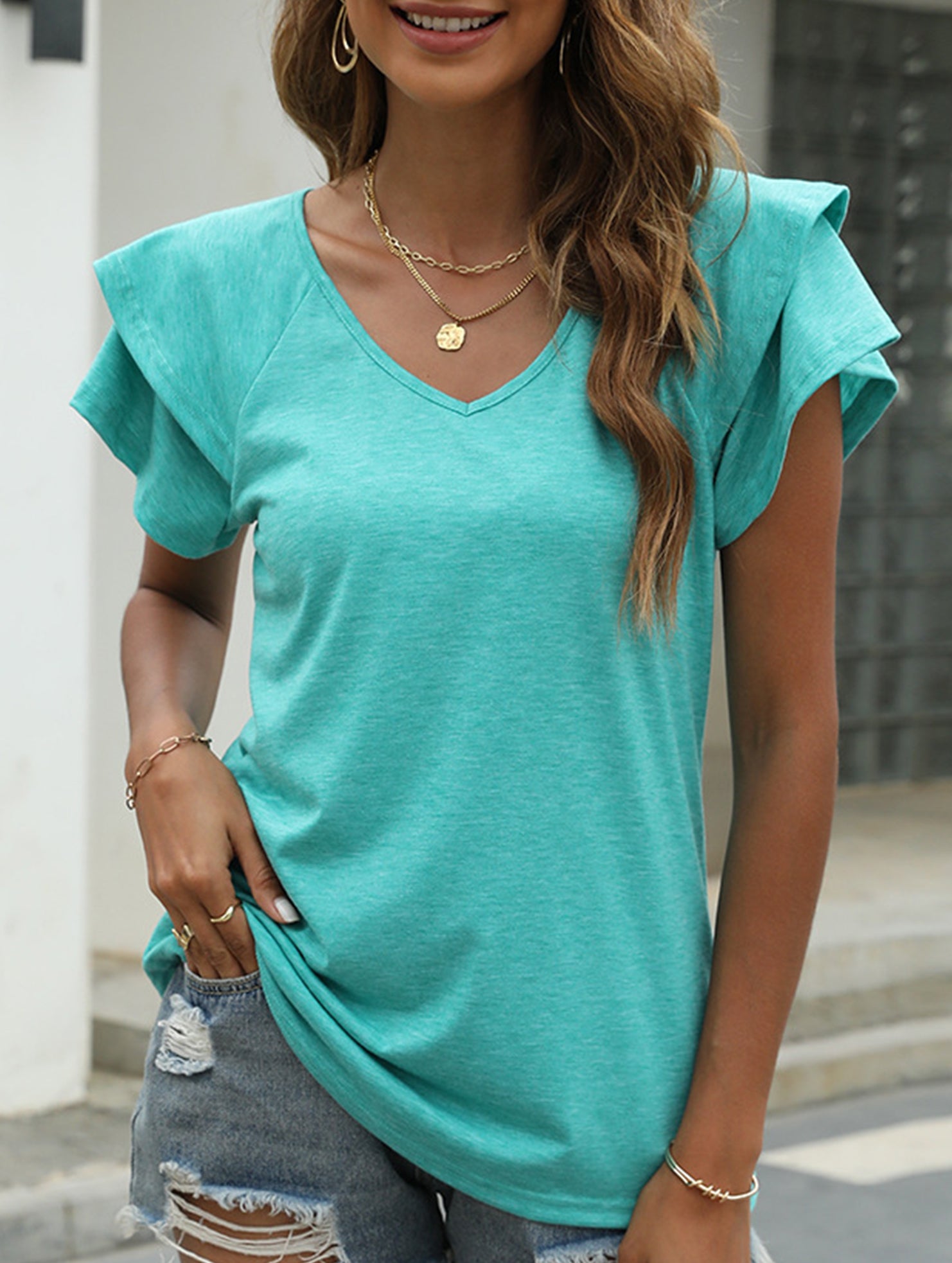 solid color V-neck double layer ruffle sleeve loose top T-shirt