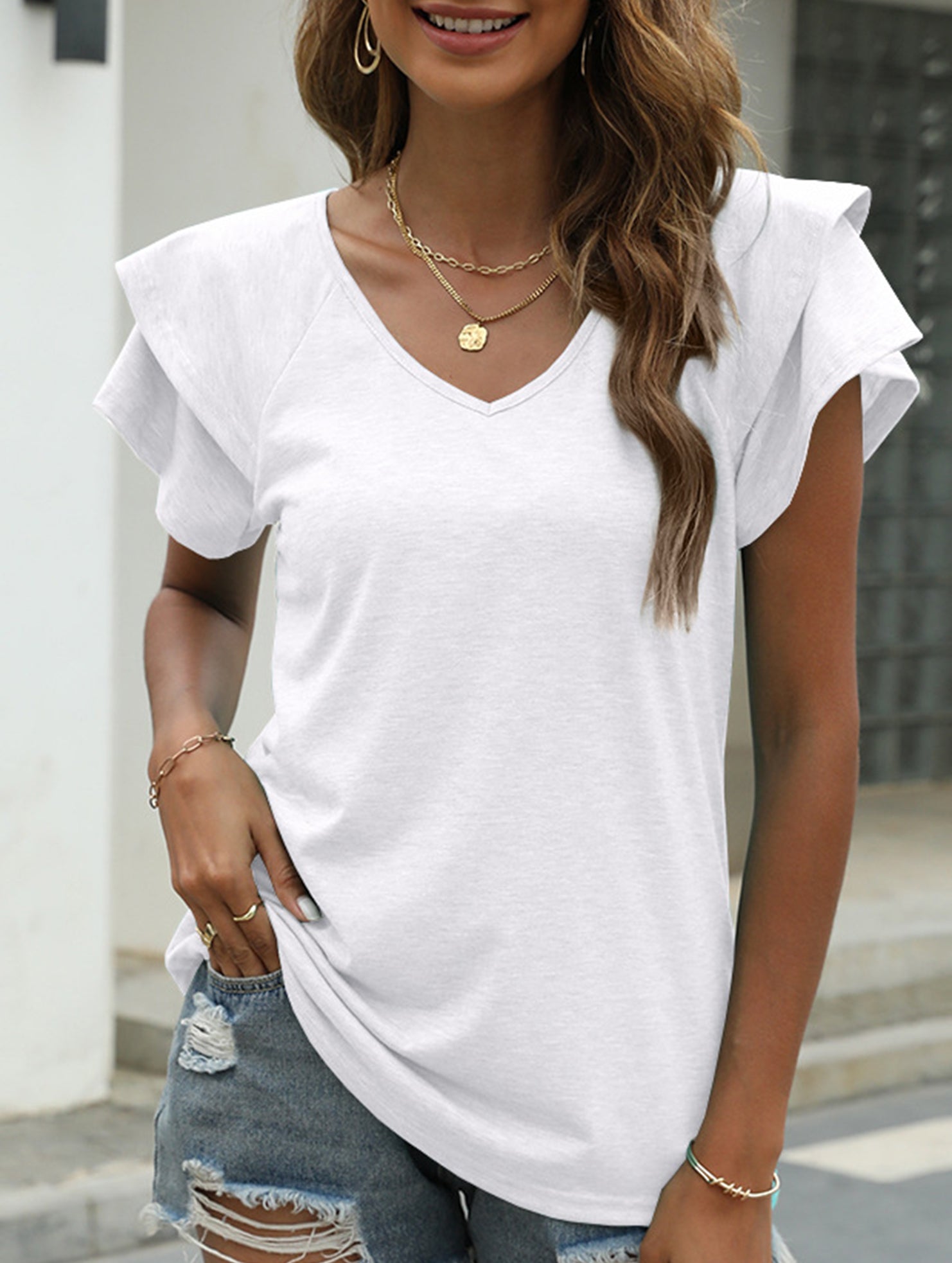 solid color V-neck double layer ruffle sleeve loose top T-shirt
