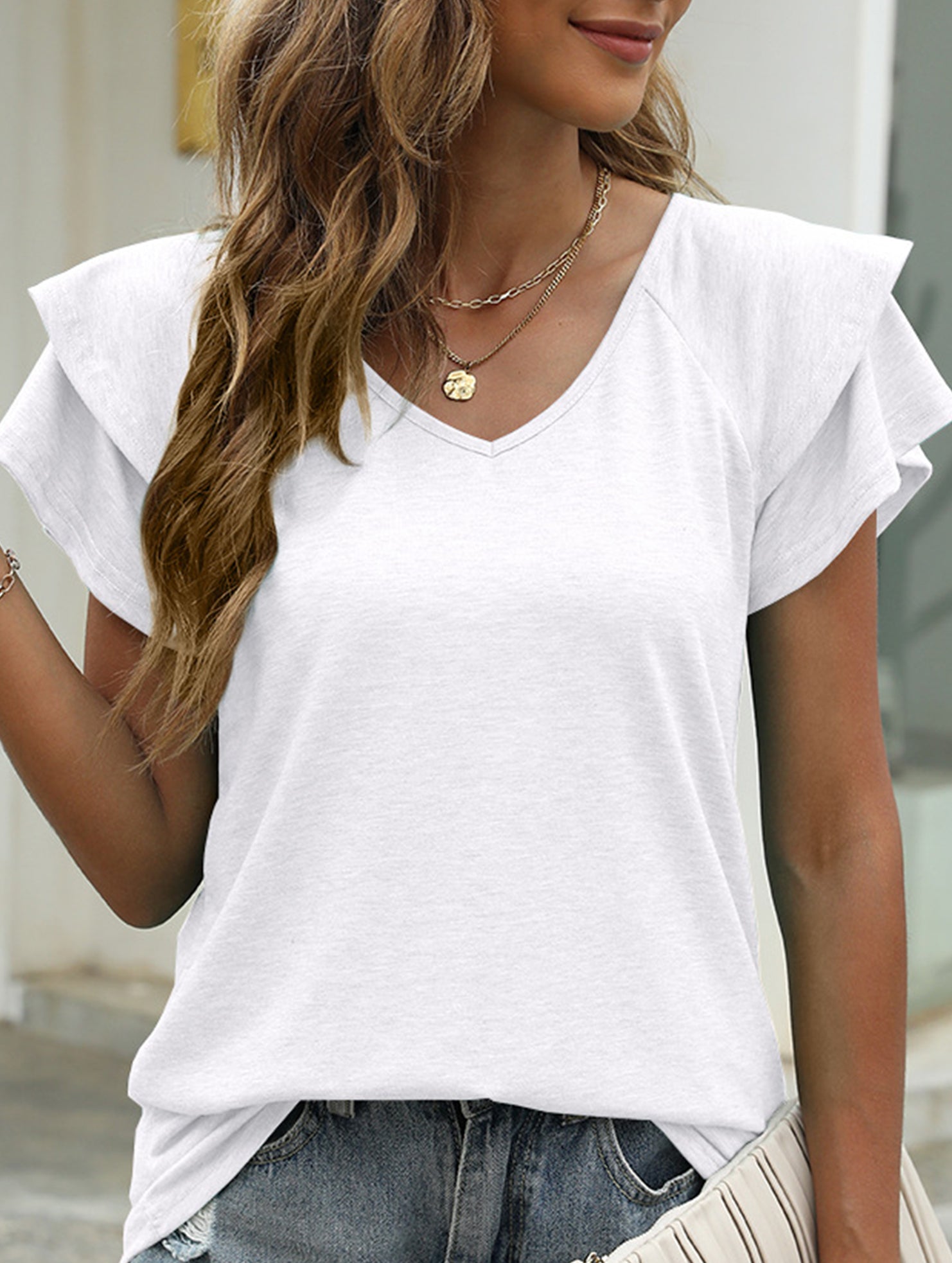 solid color V-neck double layer ruffle sleeve loose top T-shirt