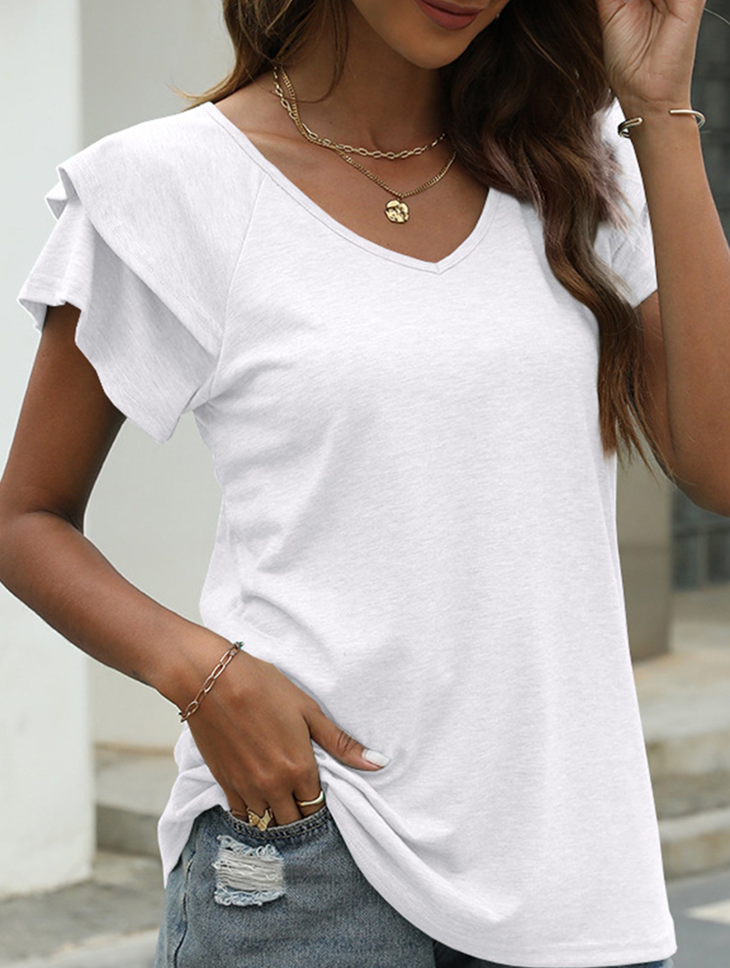 solid color V-neck double layer ruffle sleeve loose top T-shirt