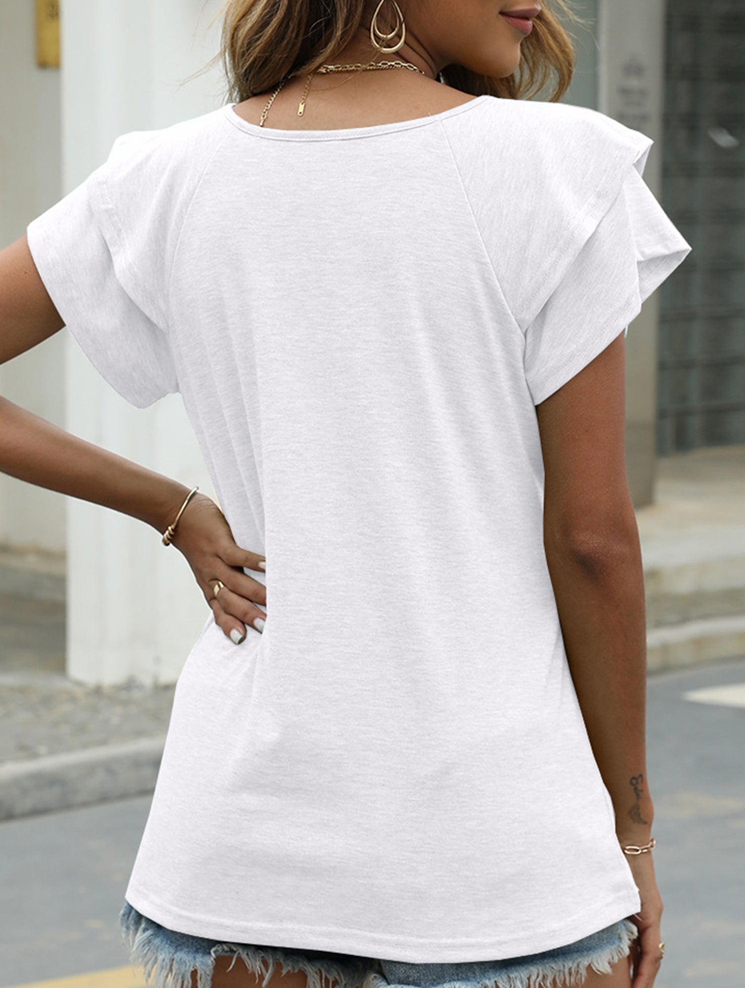 solid color V-neck double layer ruffle sleeve loose top T-shirt