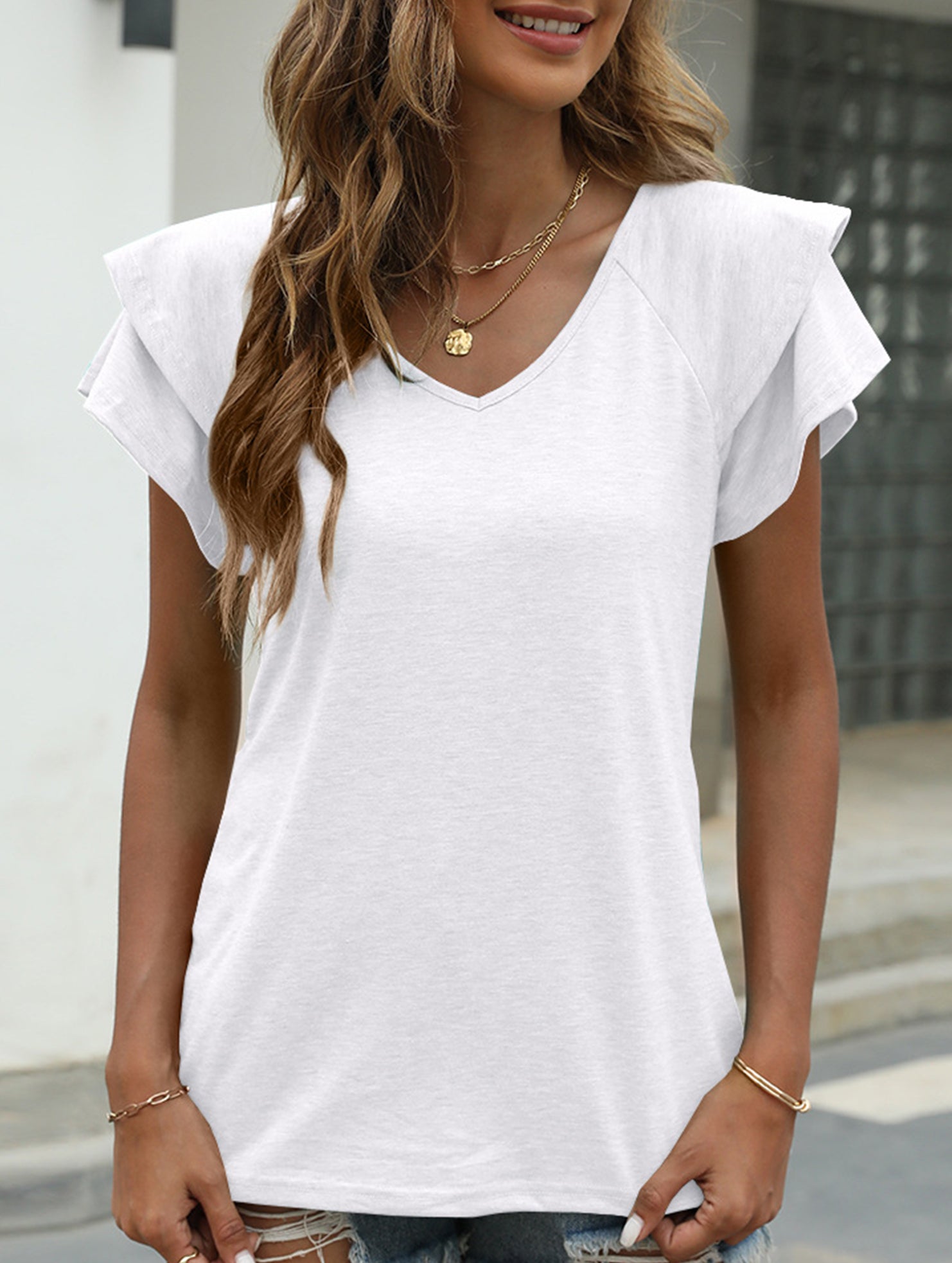solid color V-neck double layer ruffle sleeve loose top T-shirt