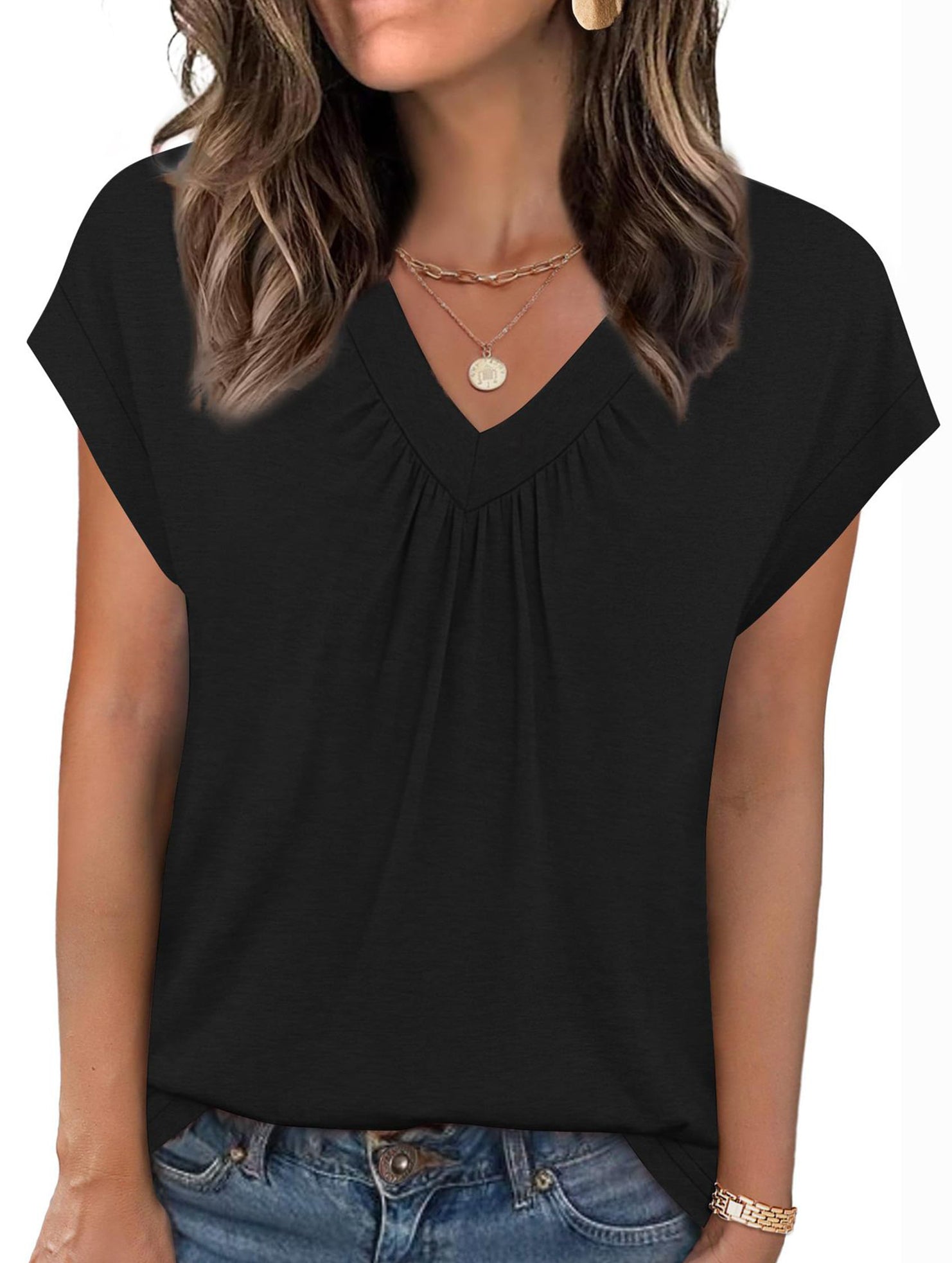 Solid color V-neck loose short-sleeved top for women