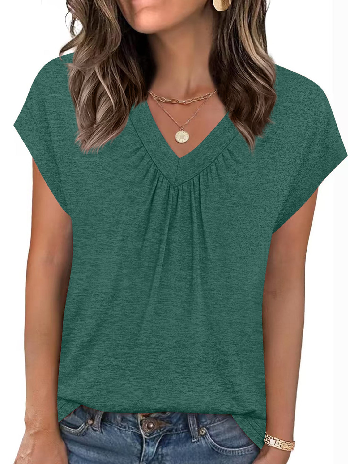 Solid color V-neck loose short-sleeved top for women