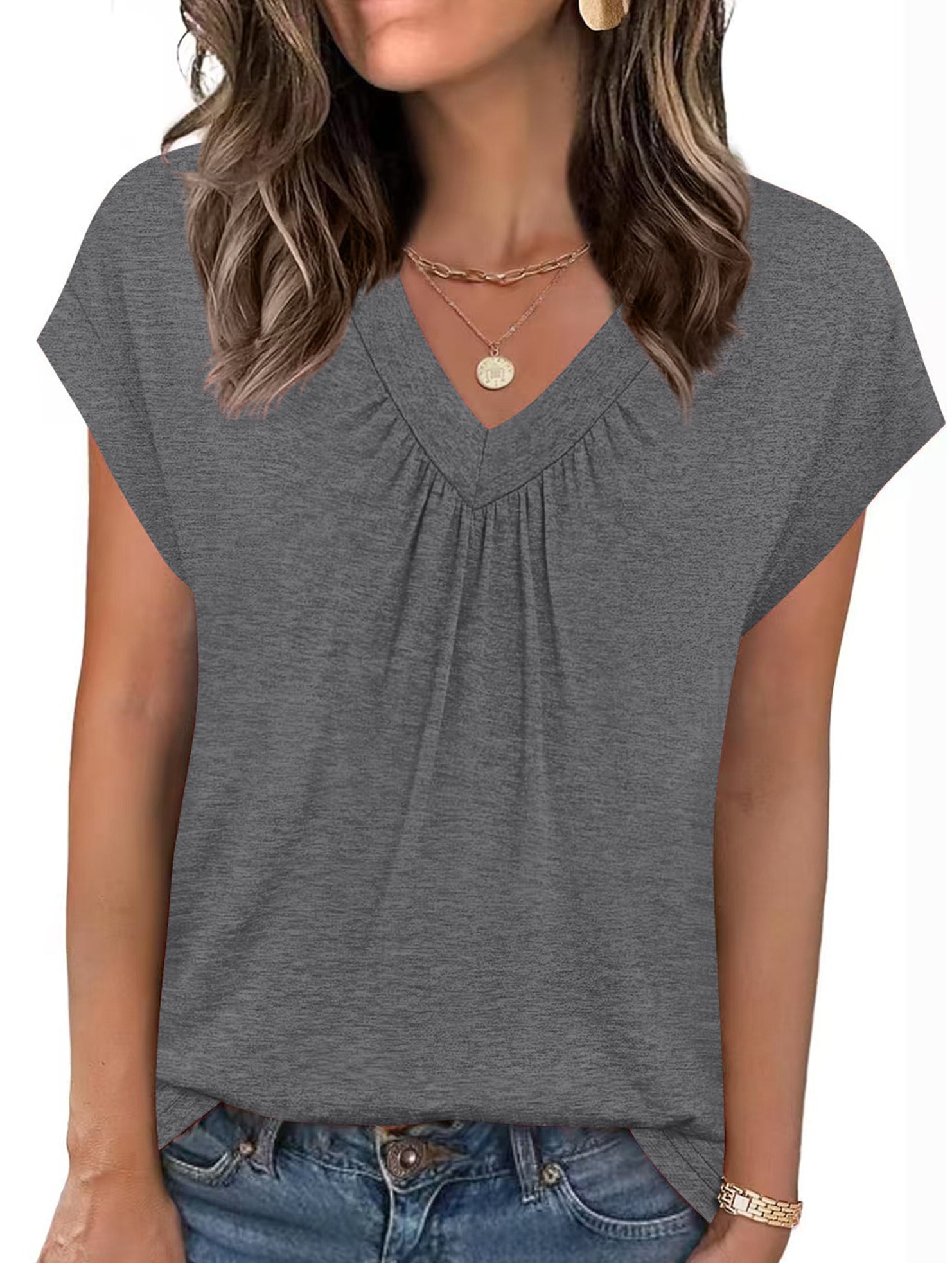 Solid color V-neck loose short-sleeved top for women
