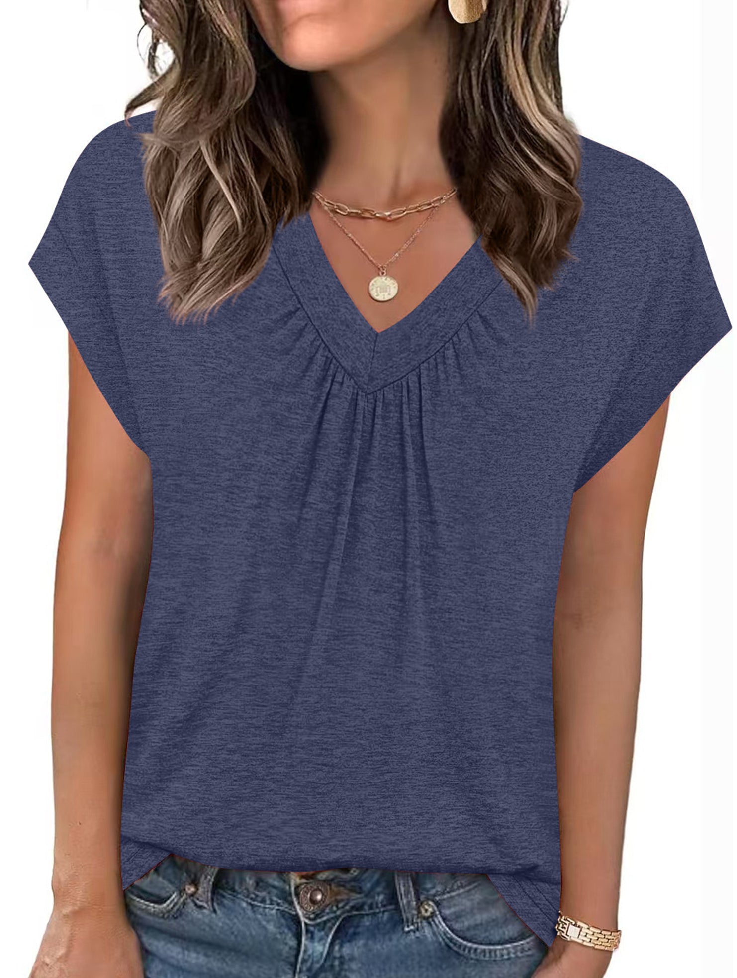 Solid color V-neck loose short-sleeved top for women