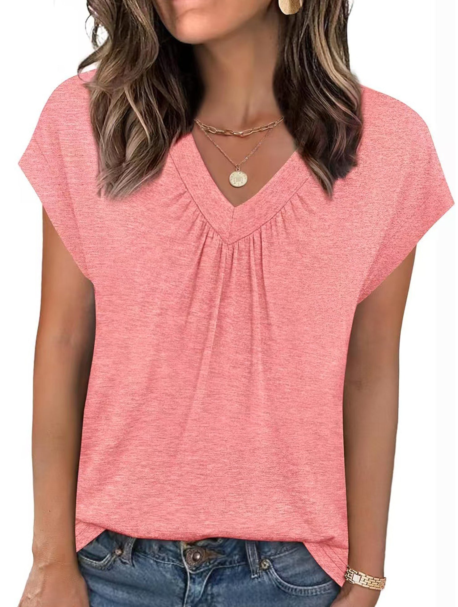 Solid color V-neck loose short-sleeved top for women