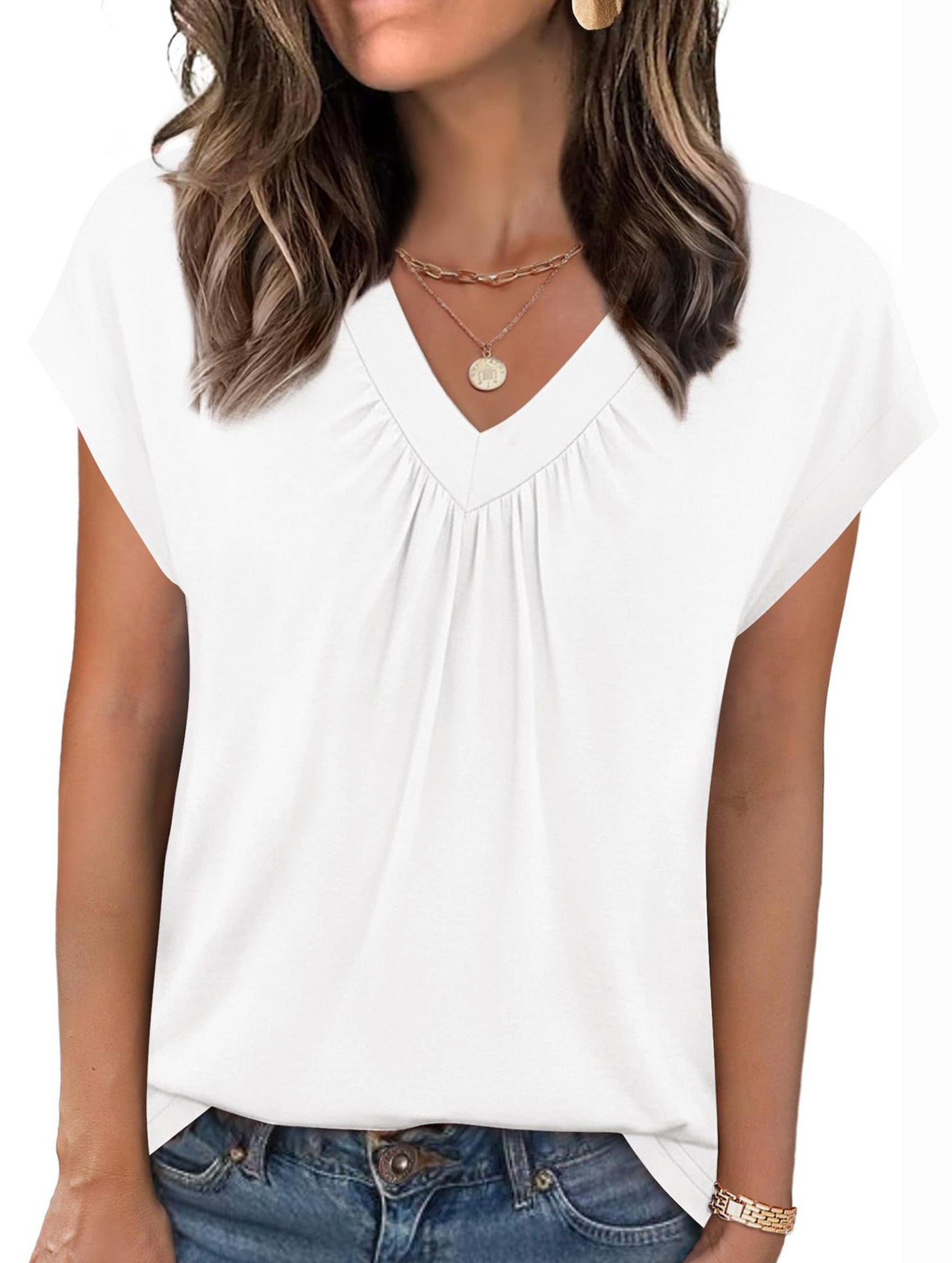 Solid color V-neck loose short-sleeved top for women