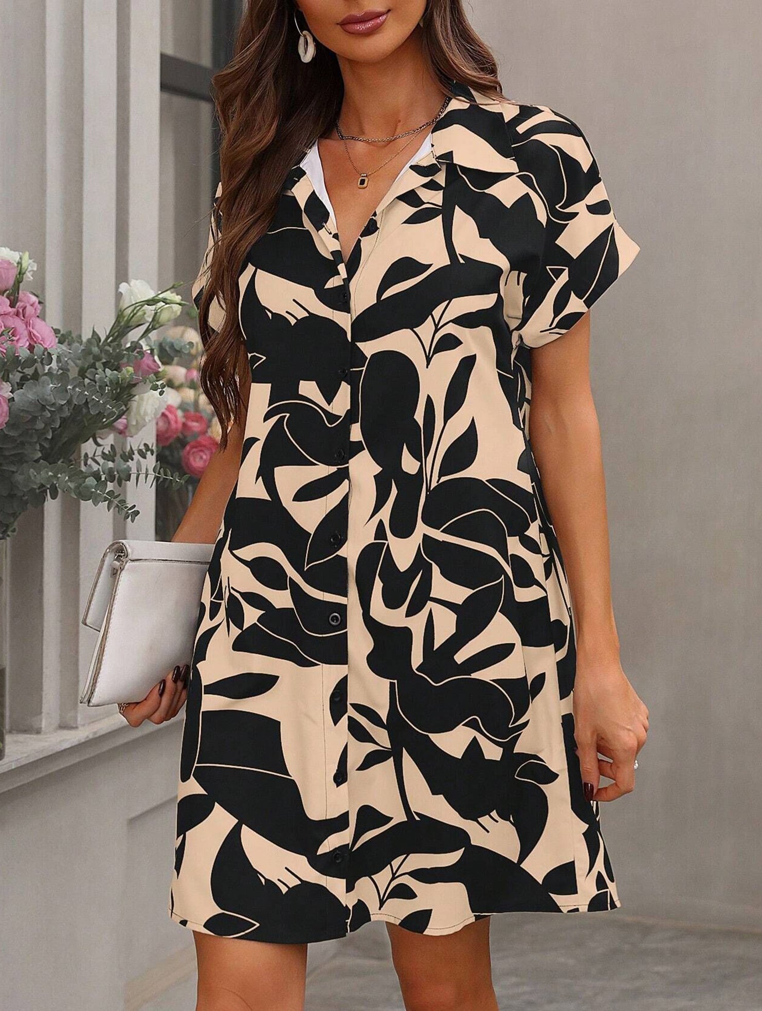 Street Style printing A-line skirt button dress