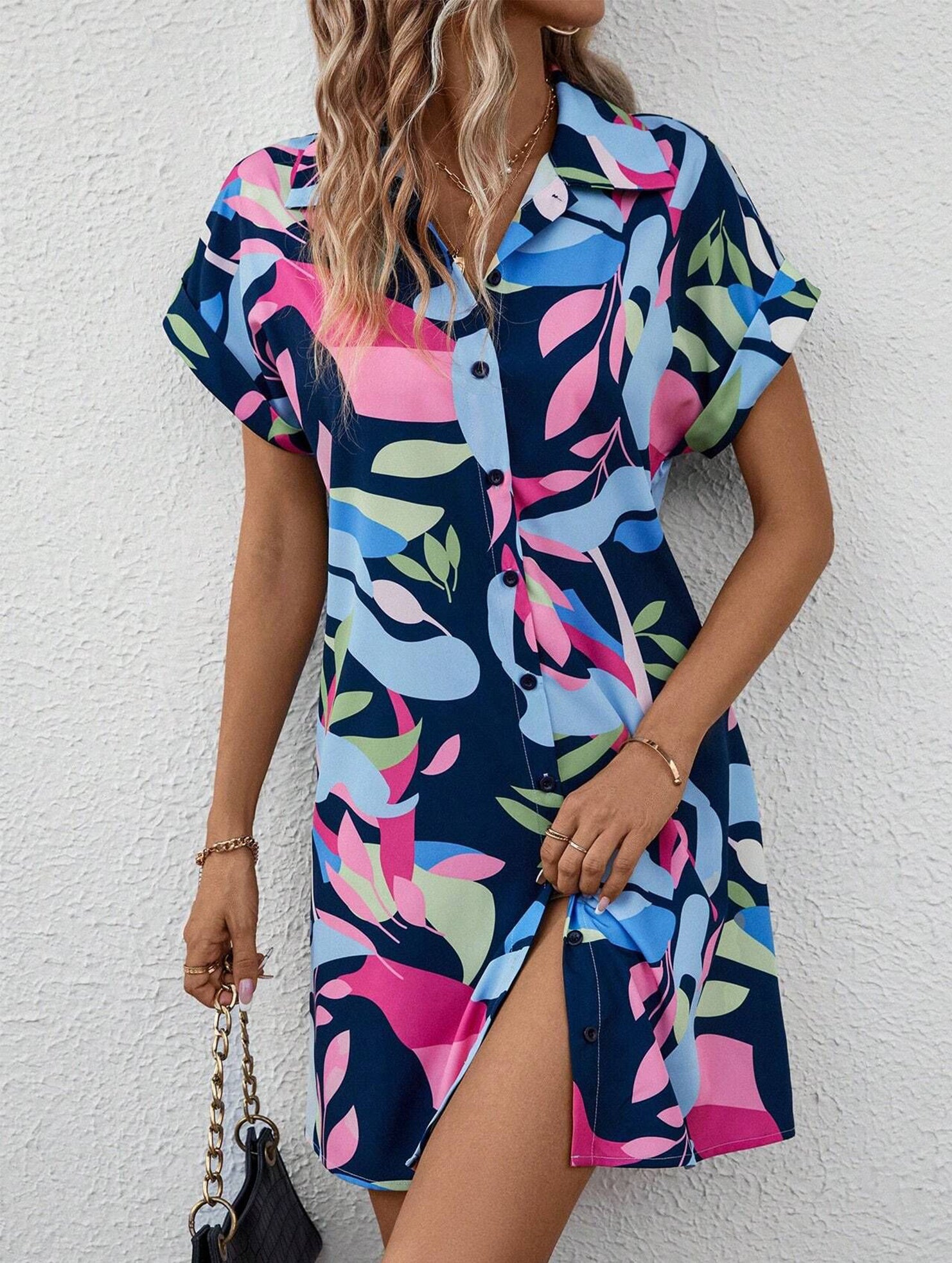 Street Style printing A-line skirt button dress