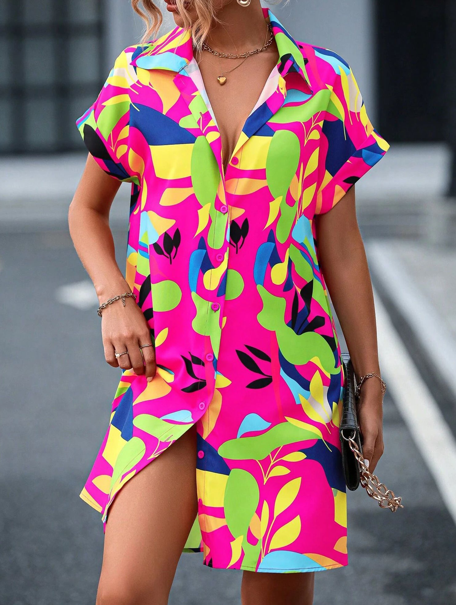 Street Style printing A-line skirt button dress
