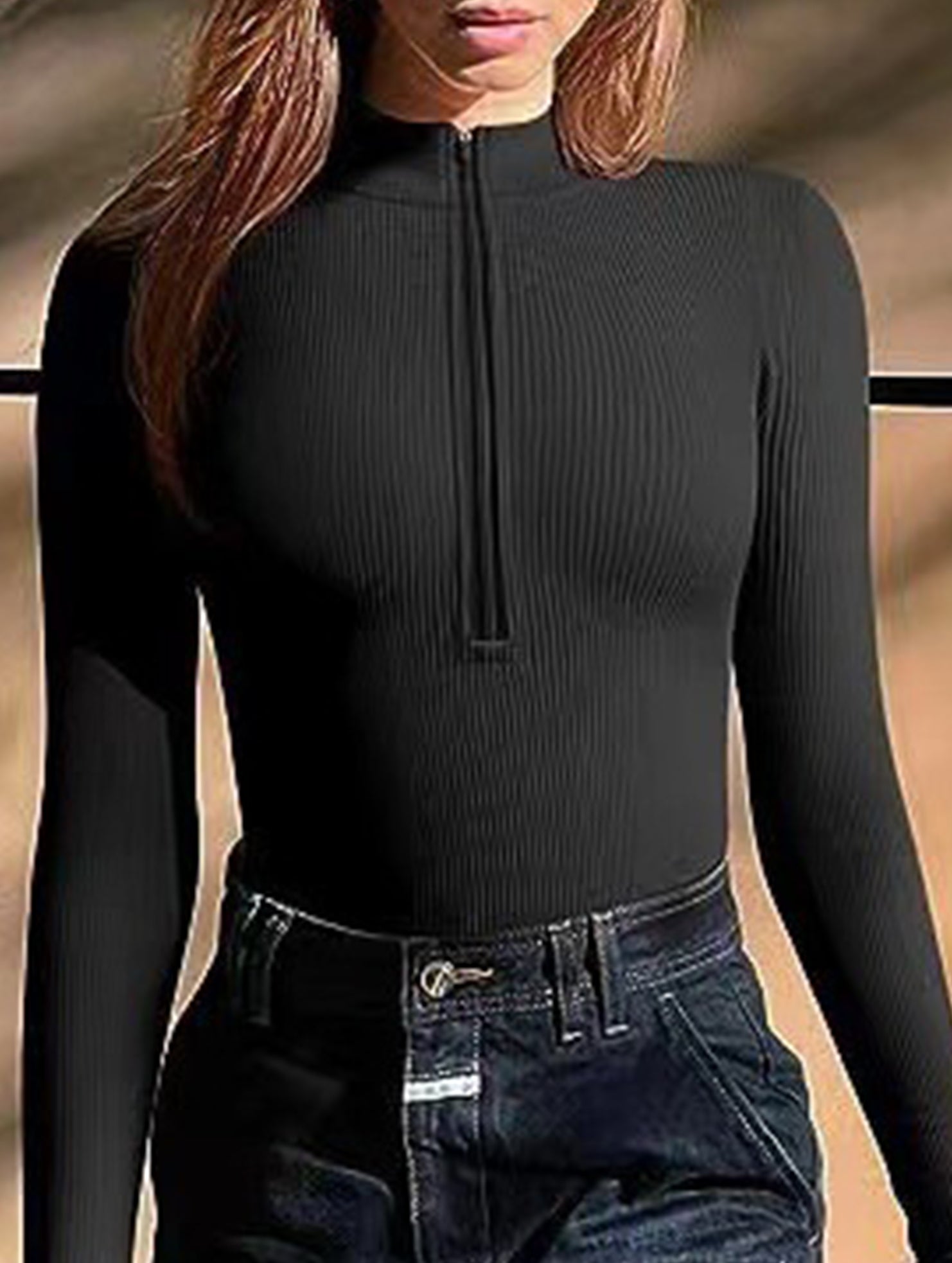 Ribbed Zip Front Long Sleeve Bodysuit_CWTHT00042