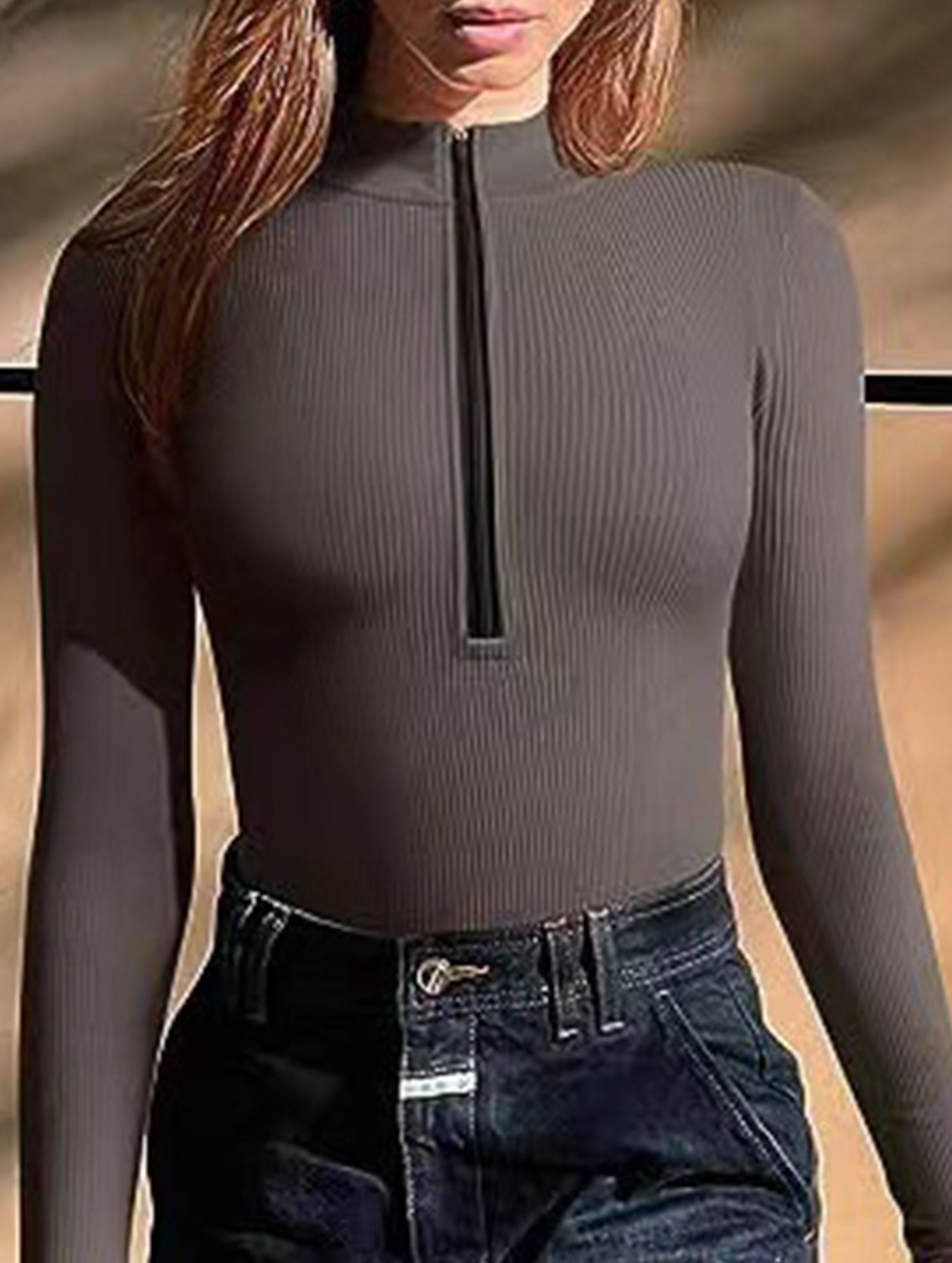 Ribbed Zip Front Long Sleeve Bodysuit_CWTHT00042