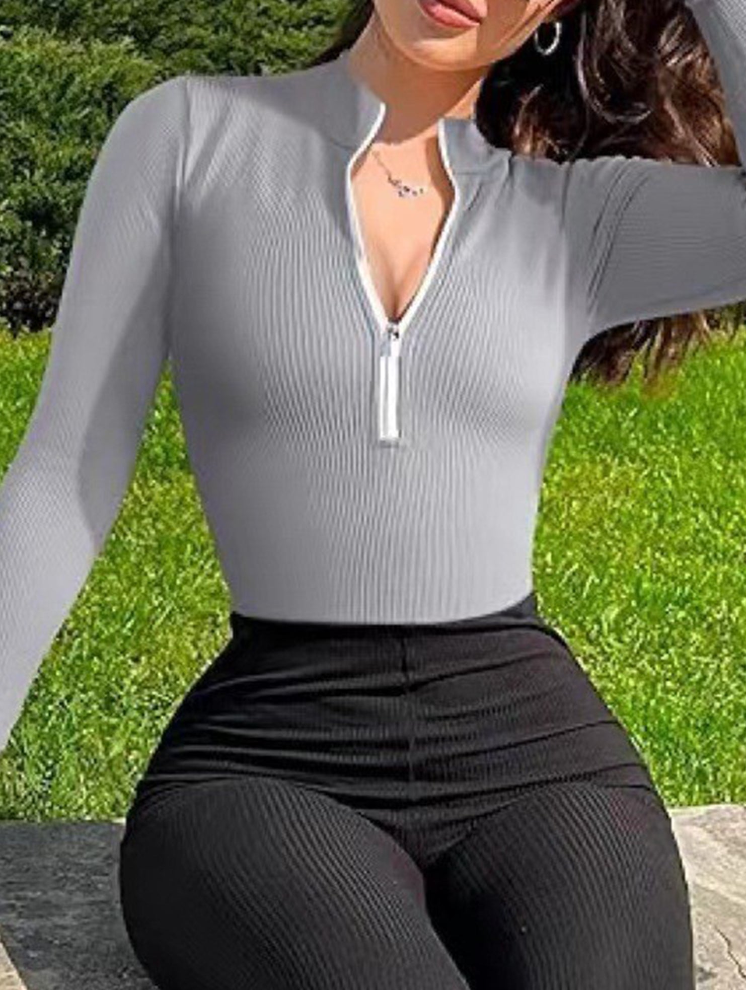 Ribbed Zip Front Long Sleeve Bodysuit_CWTHT00042