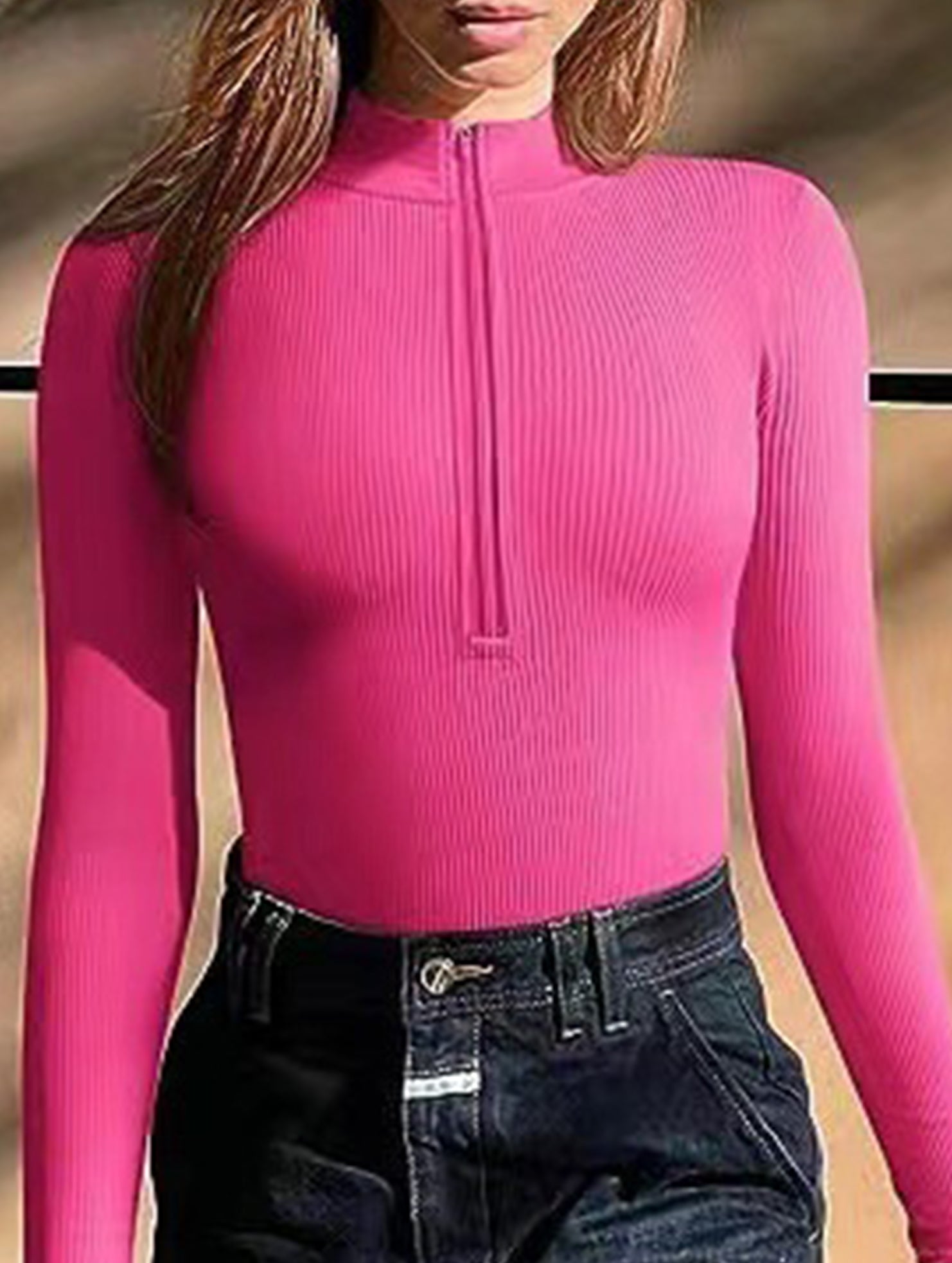 Ribbed Zip Front Long Sleeve Bodysuit_CWTHT00042