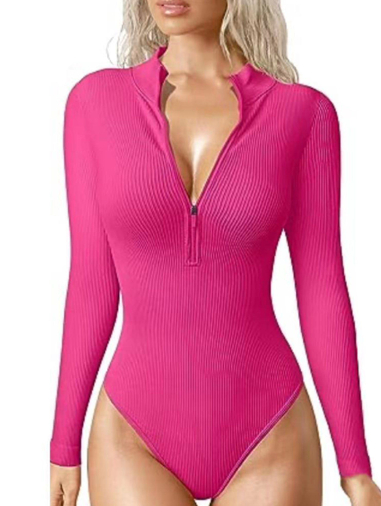 Ribbed Zip Front Long Sleeve Bodysuit_CWTHT00042