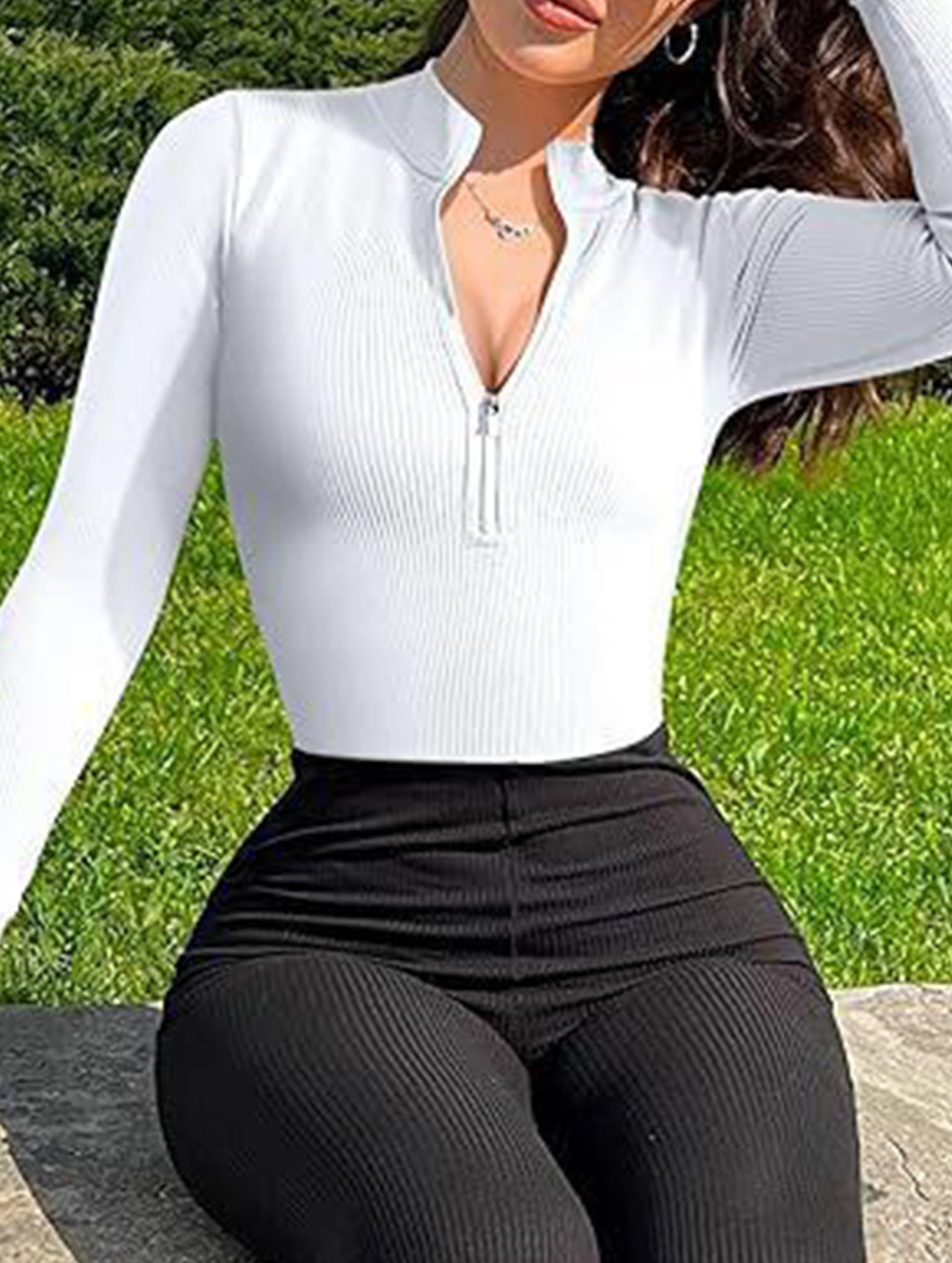 Ribbed Zip Front Long Sleeve Bodysuit_CWTHT00042