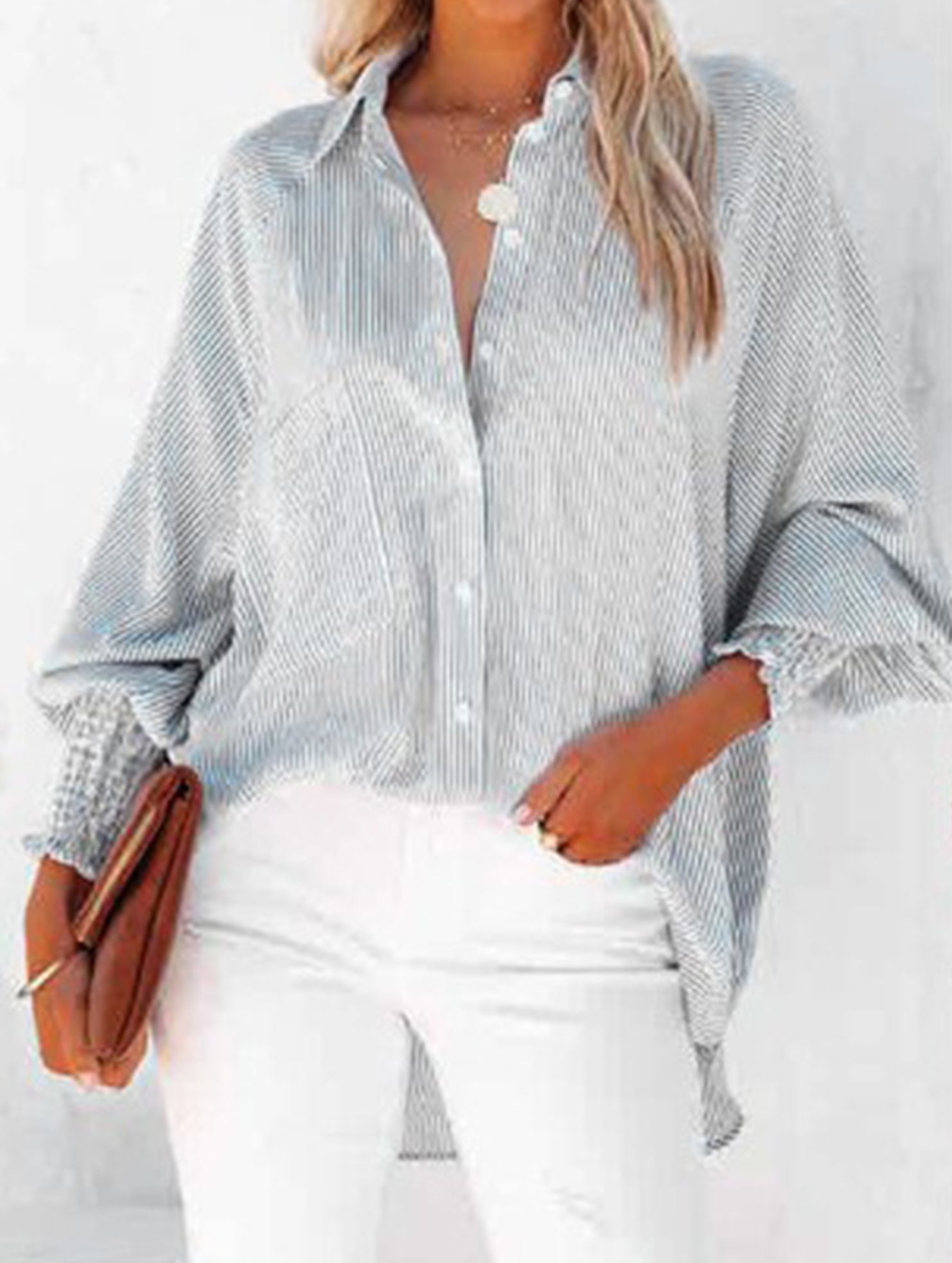 Loose striped stand collar long sleeve shirt