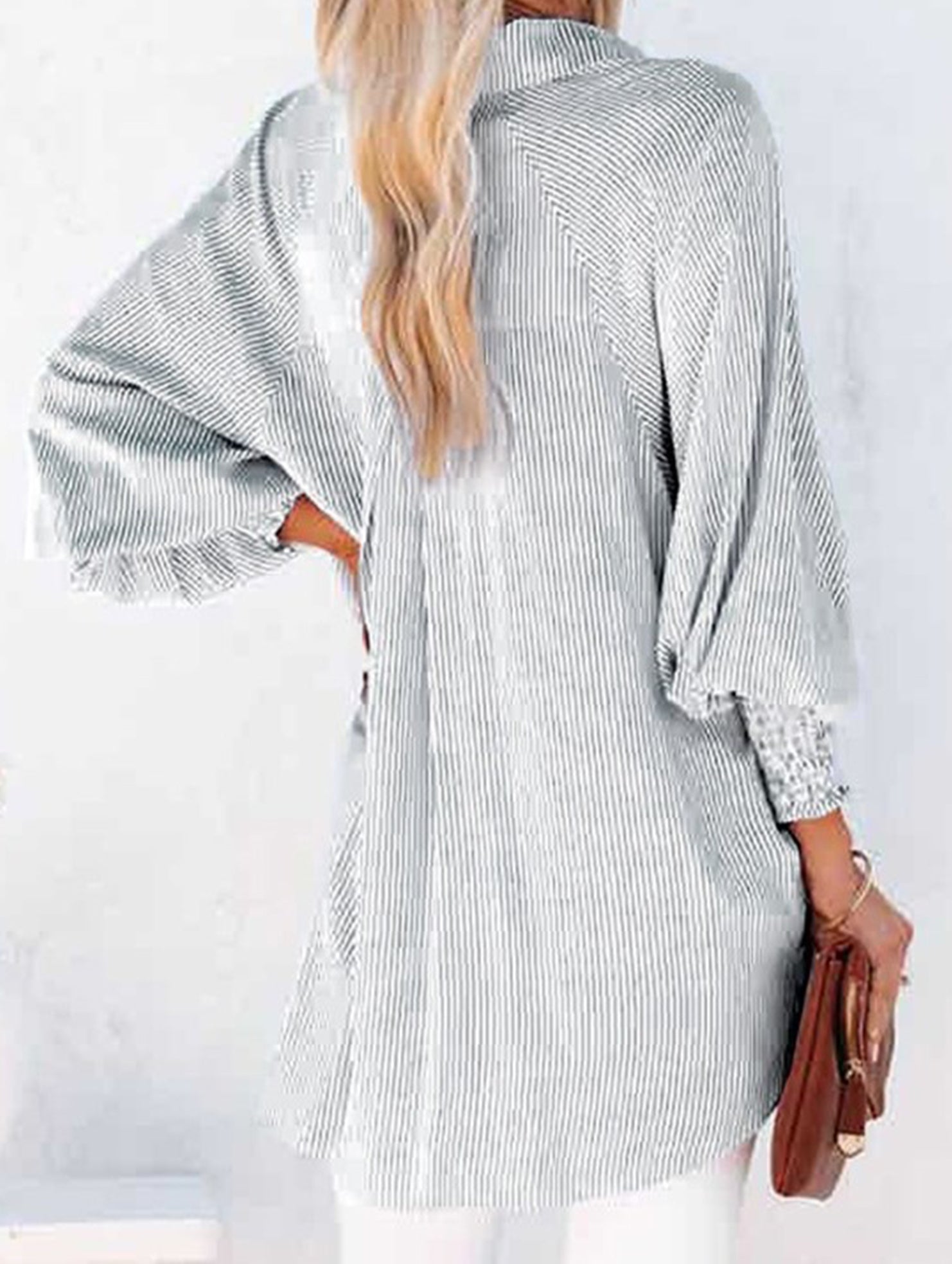 Loose striped stand collar long sleeve shirt