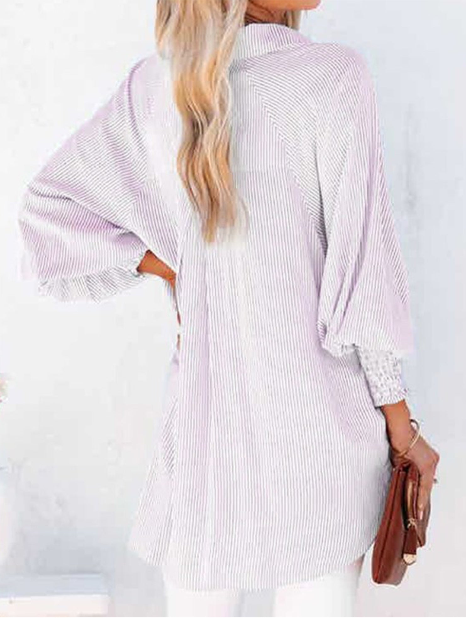 Loose striped stand collar long sleeve shirt