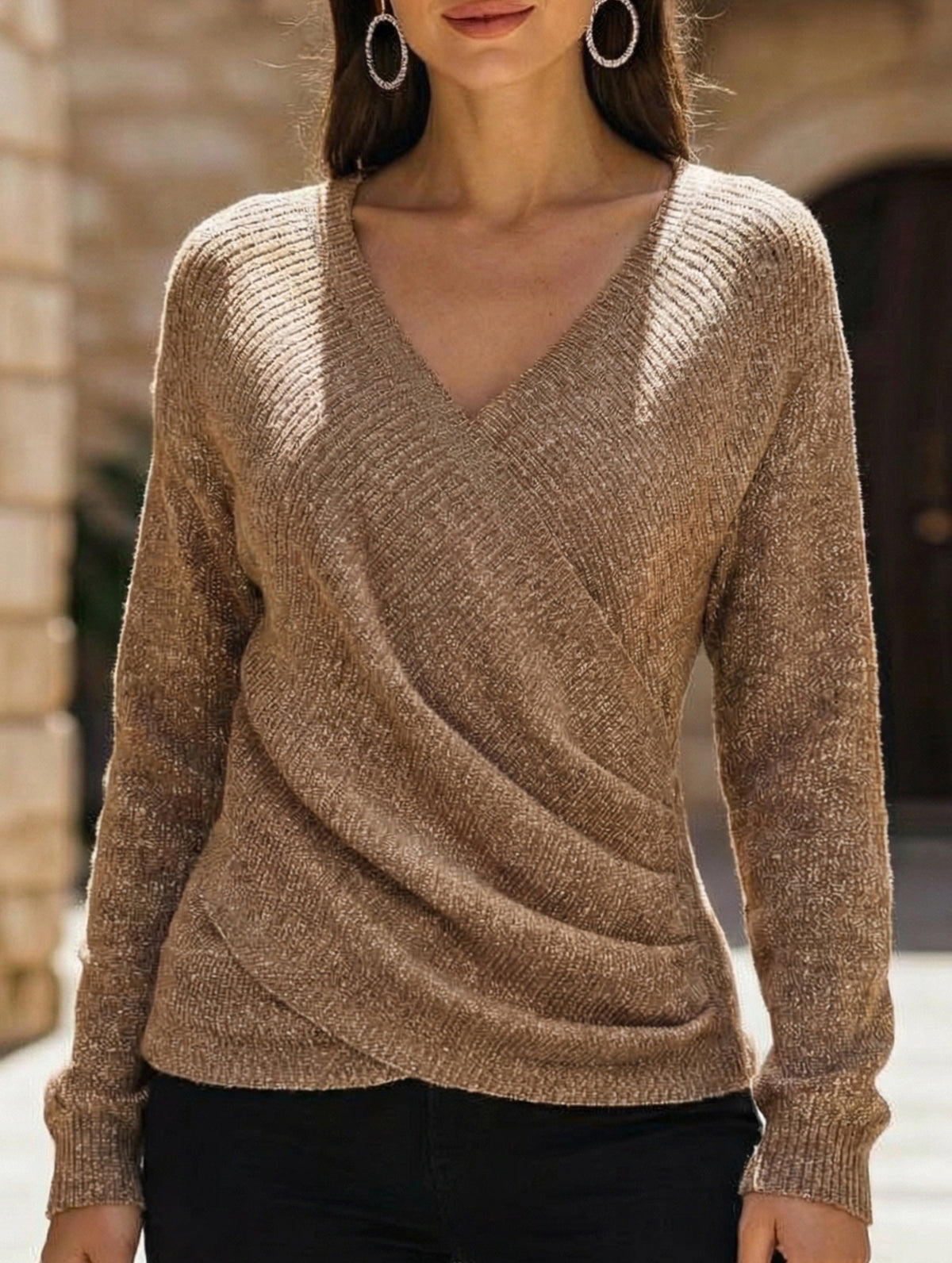 Stylish V-neck crossover solid color sweater_CWTSTL01160