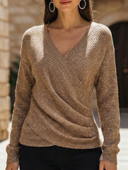 Stylish V-neck crossover solid color sweater_CWTSTL01160