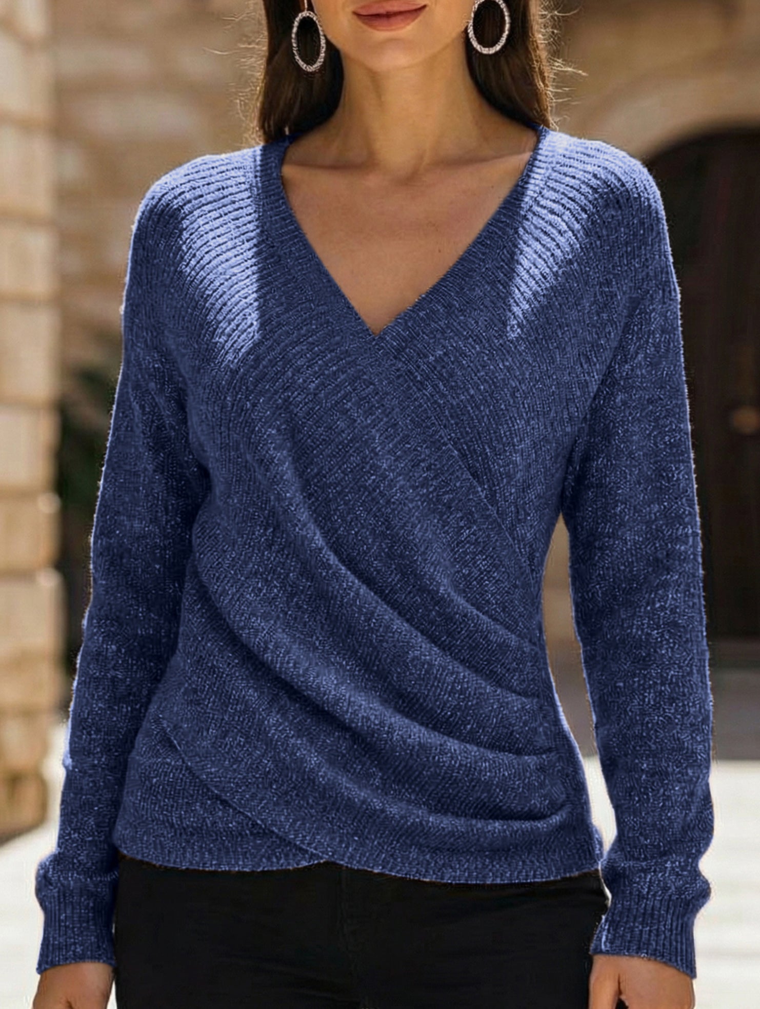 Stylish V-neck crossover solid color sweater_CWTSTL01160