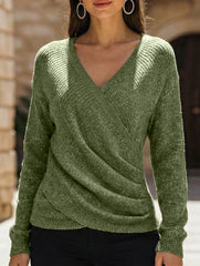 Stylish V-neck crossover solid color sweater_CWTSTL01160
