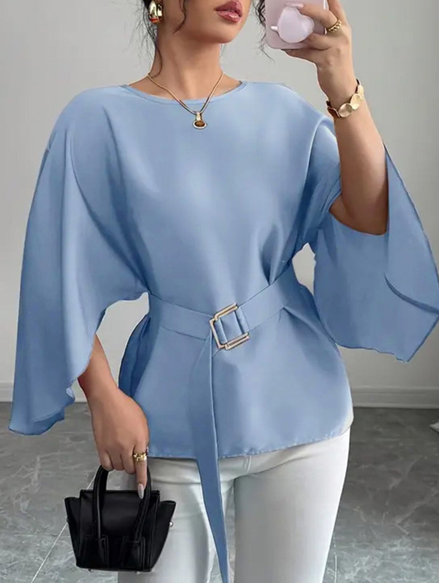 Solid Flare Sleeve Elegant Blouse_CWTSTL01163