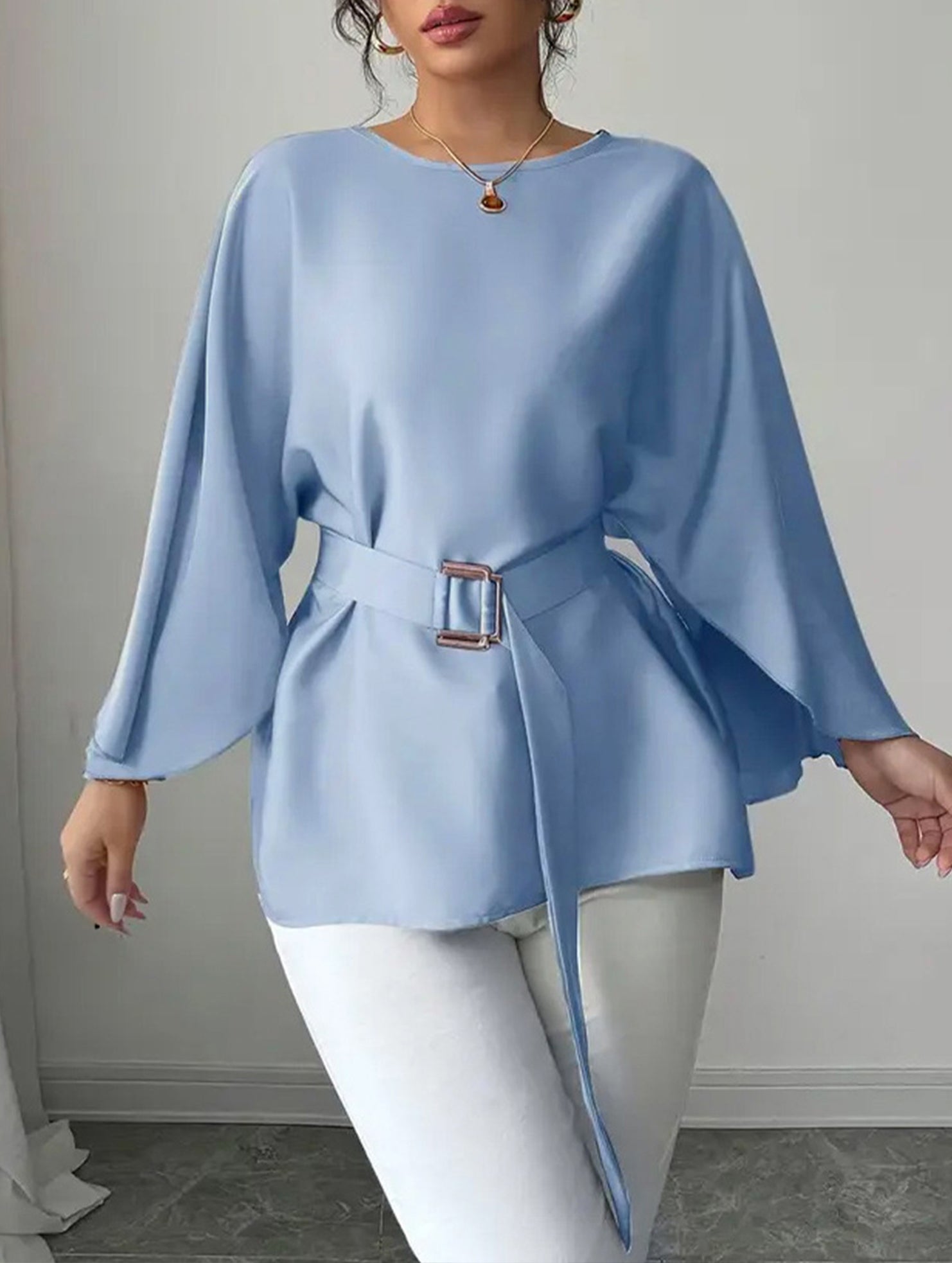 Solid Flare Sleeve Elegant Blouse_CWTSTL01163