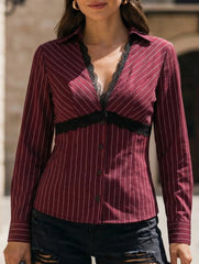 Lace Trim Striped Slim Fit Blouse_CWTSTL01165