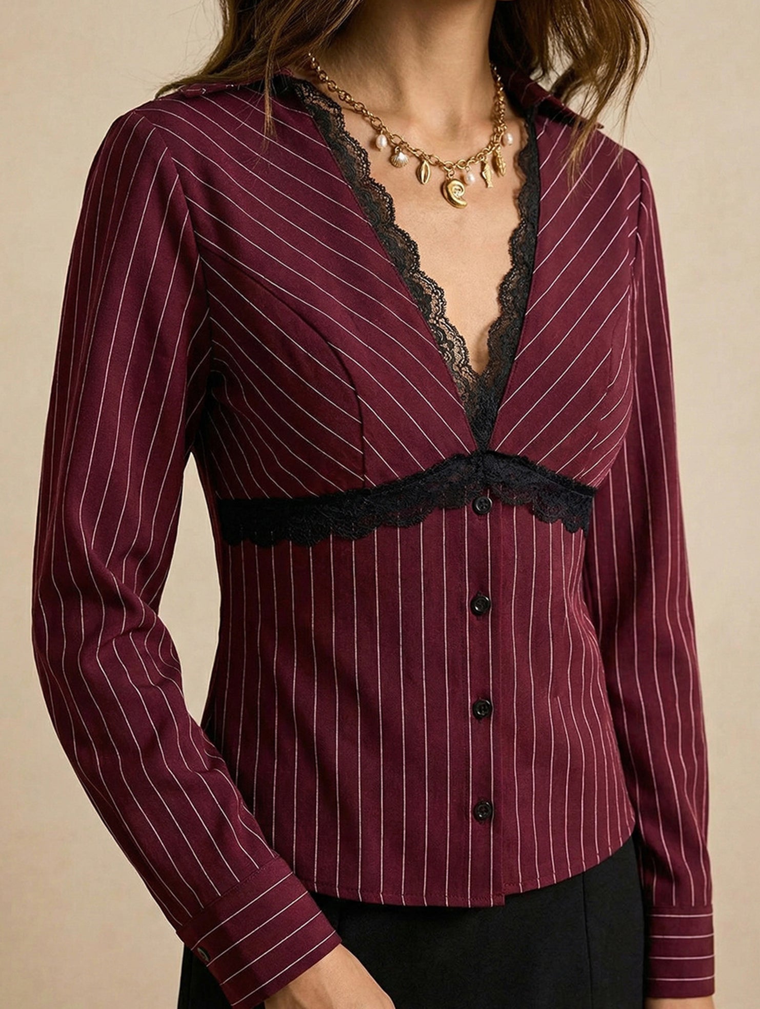 Lace Trim Striped Slim Fit Blouse_CWTSTL01165