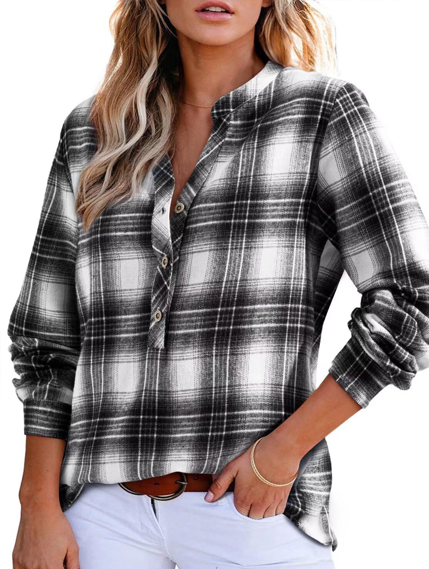 V Neck Plaid Button Casual Shirt