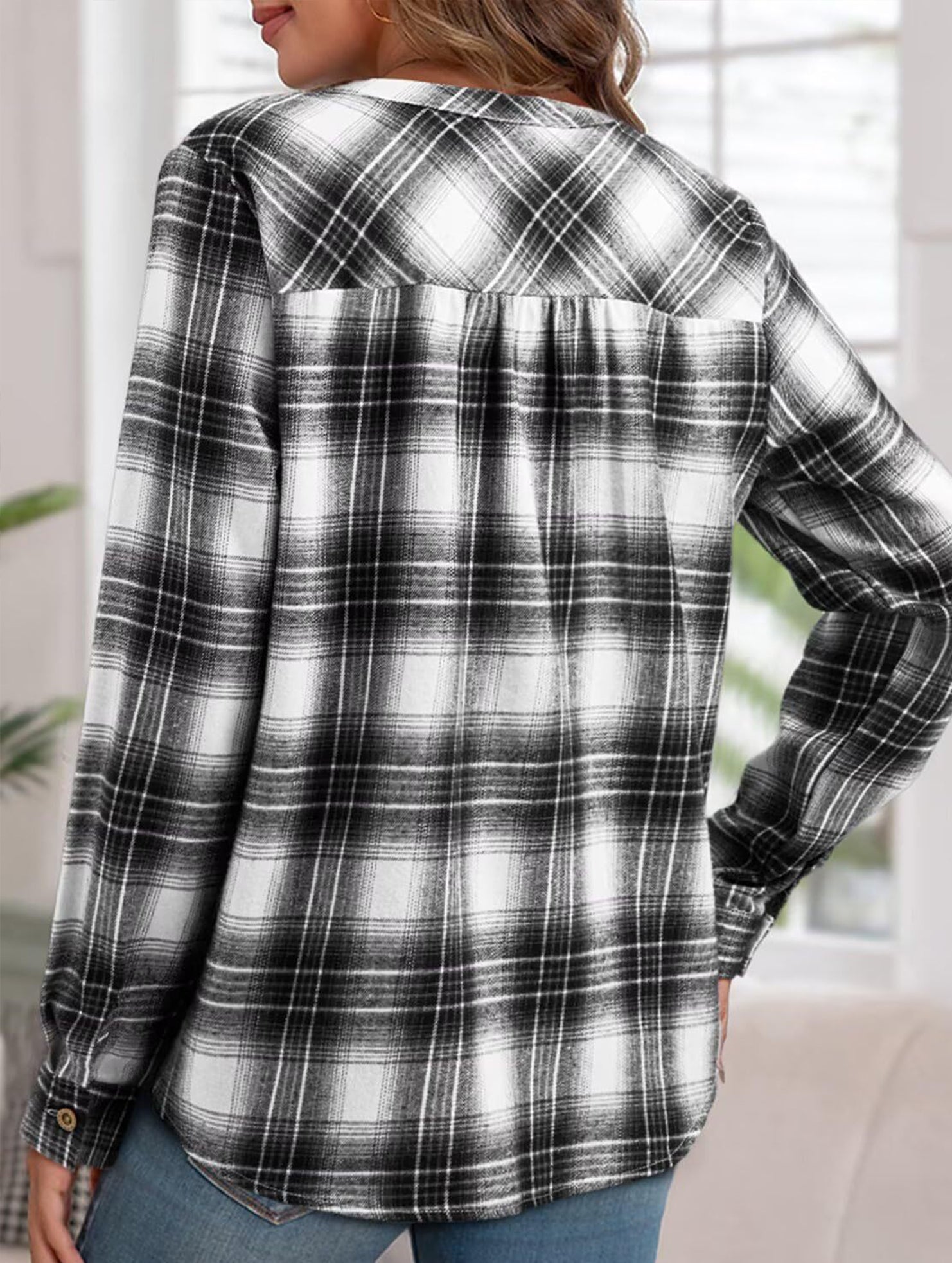 V Neck Plaid Button Casual Shirt