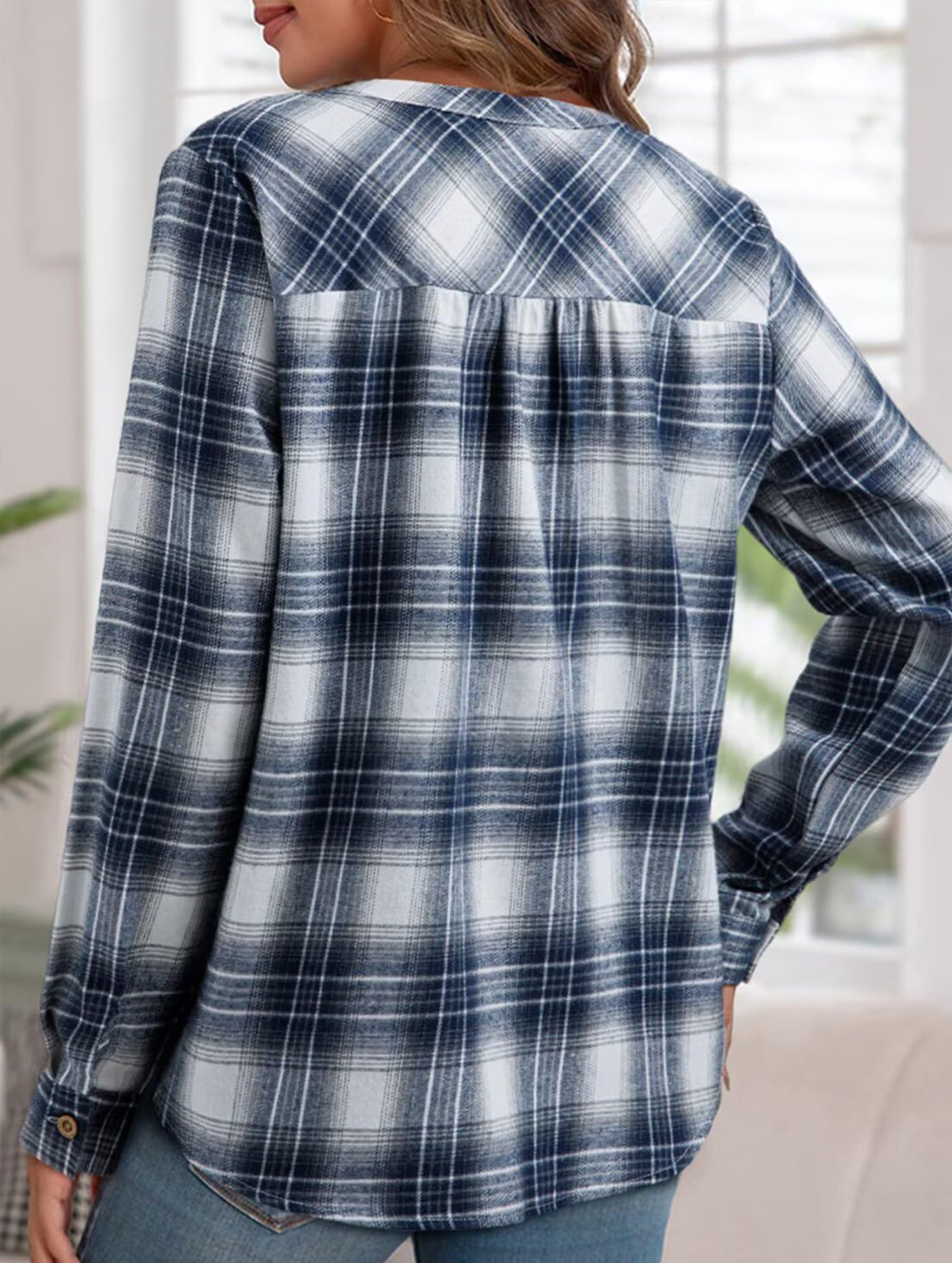 V Neck Plaid Button Casual Shirt