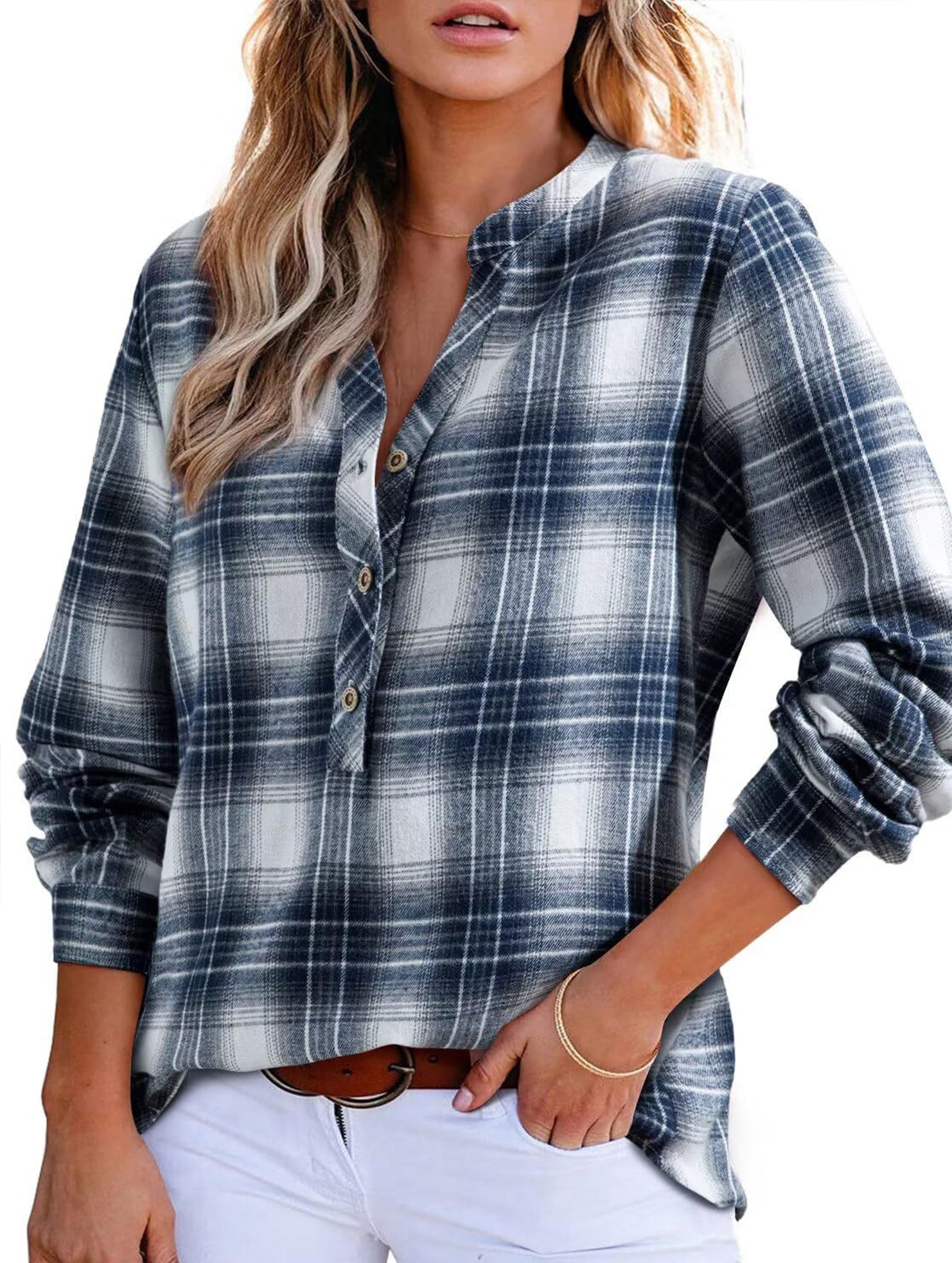 V Neck Plaid Button Casual Shirt