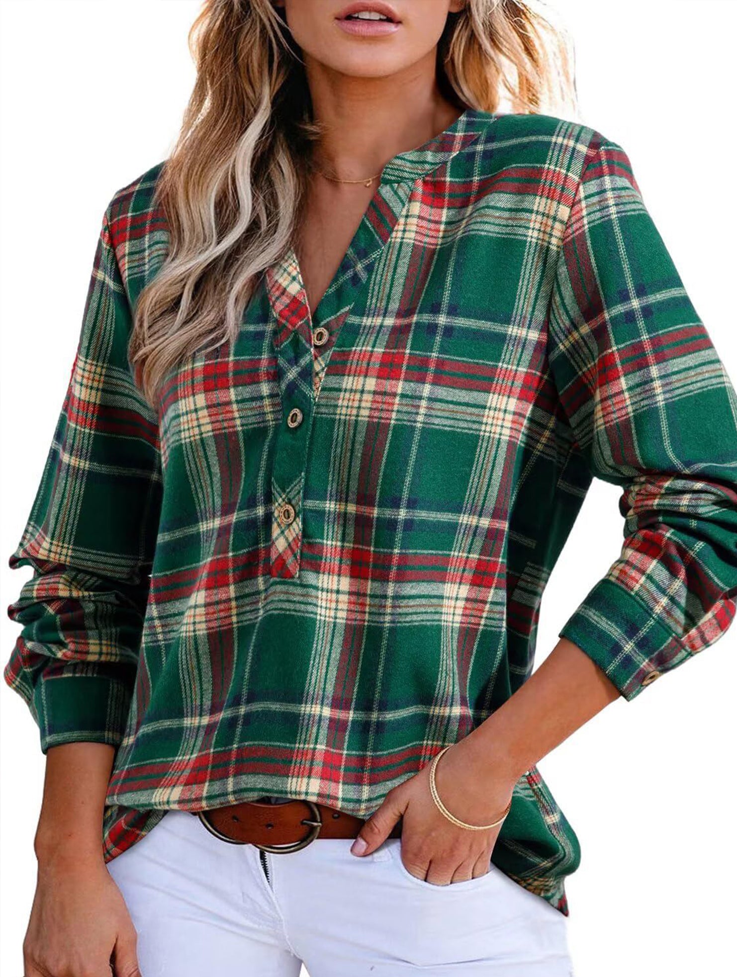 V Neck Plaid Button Casual Shirt