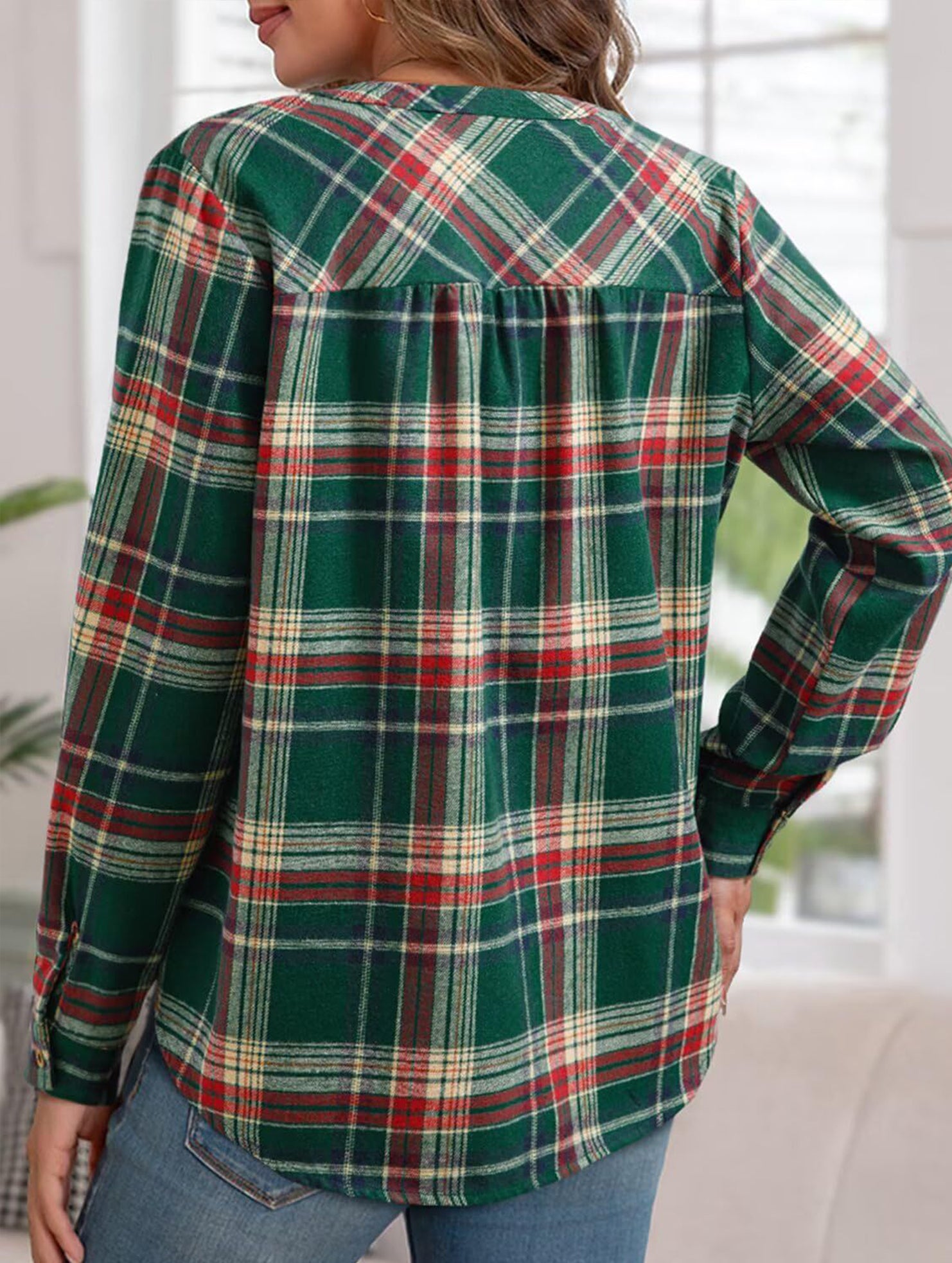 V Neck Plaid Button Casual Shirt