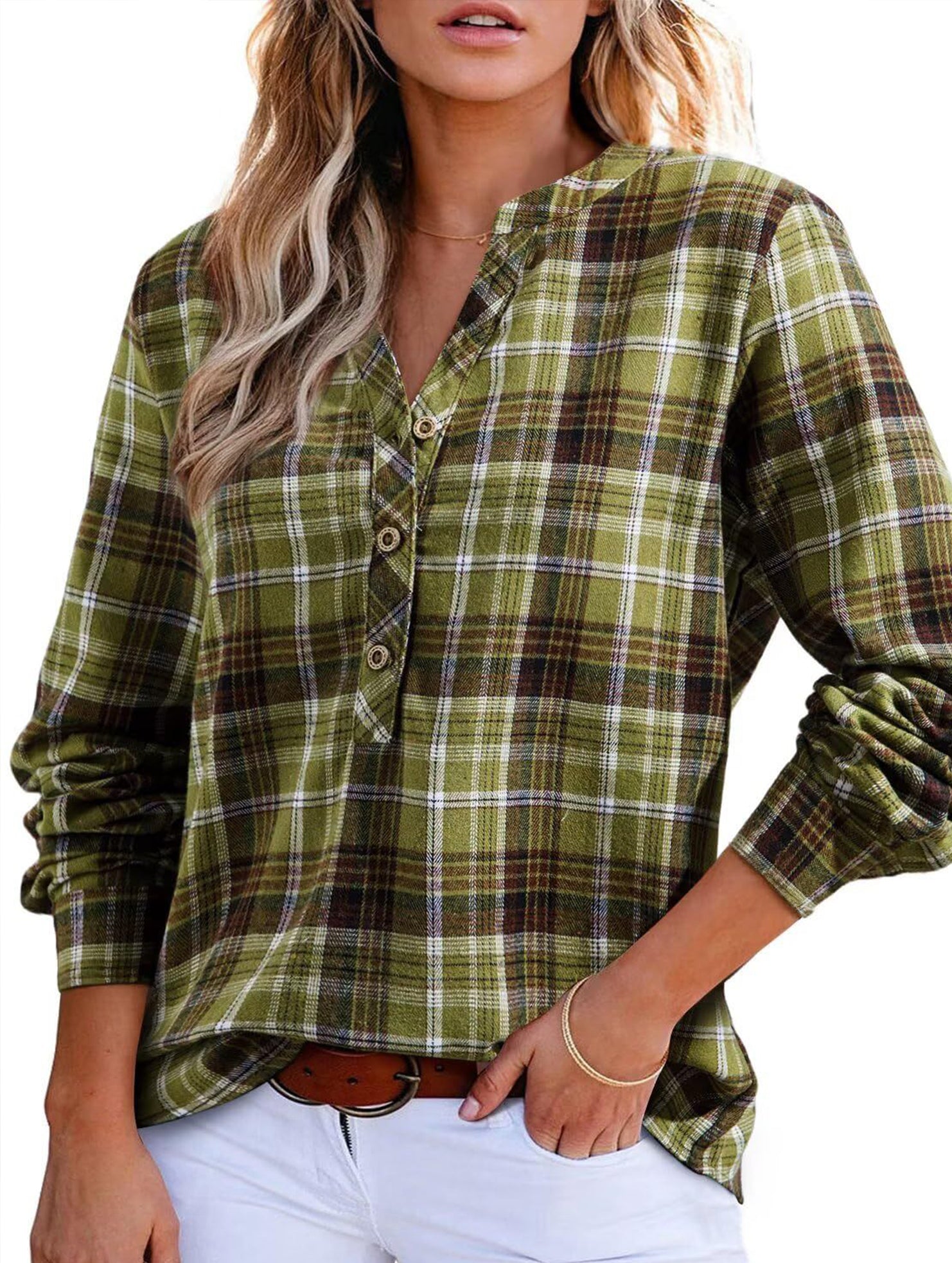 V Neck Plaid Button Casual Shirt